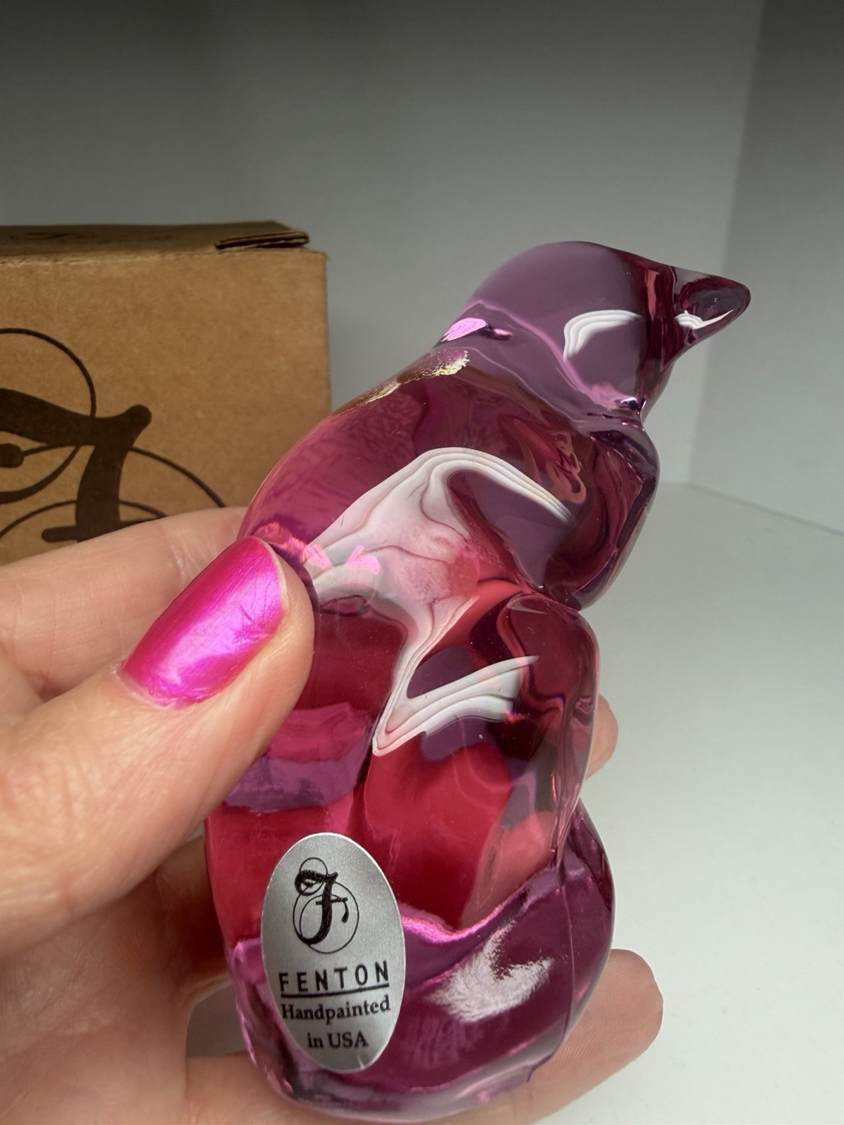 Fenton Madras Pink Grooming Cat Hand Painted SIGNED Stunning, MINT With box