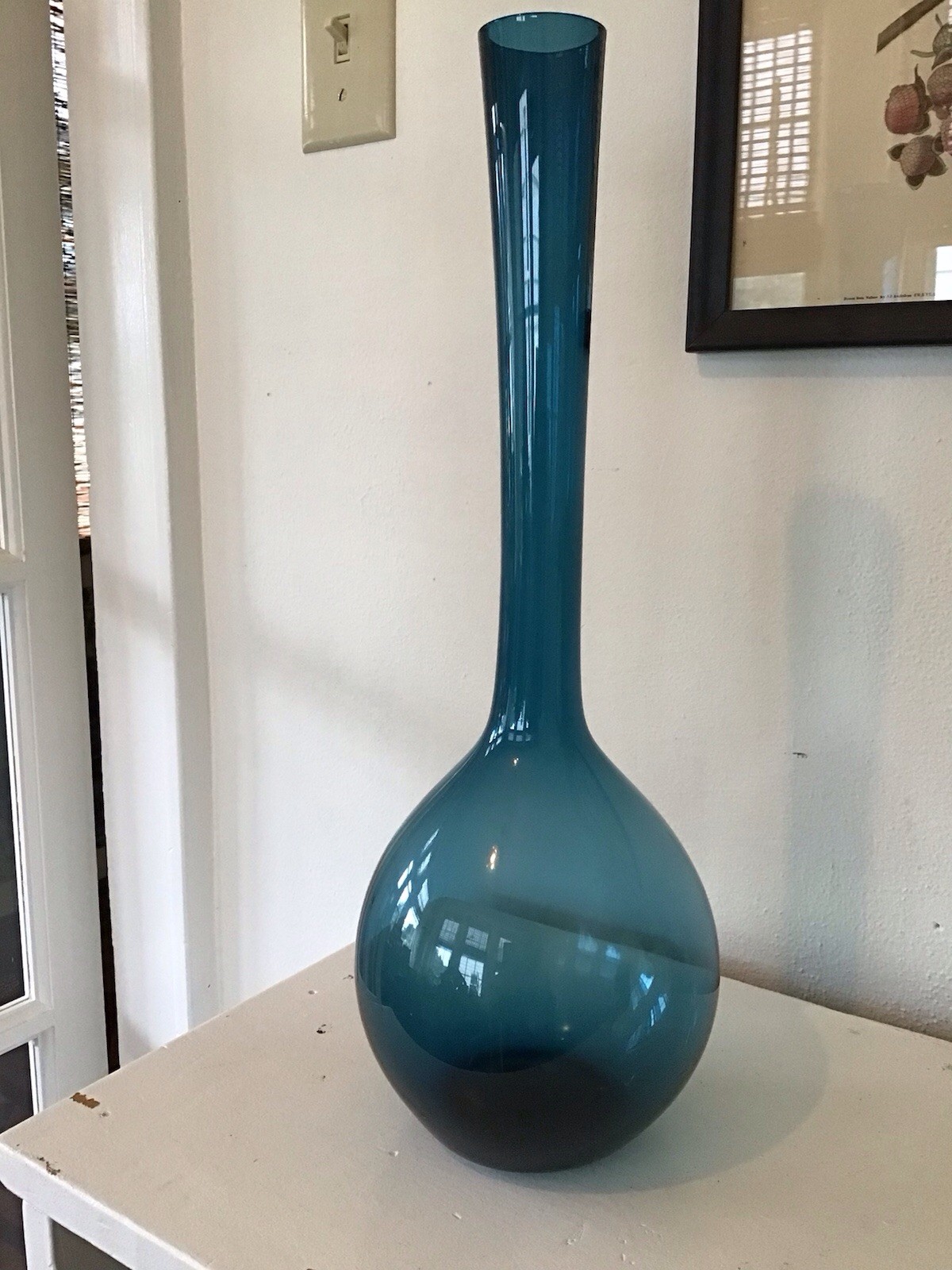 Mid Century Swedish Modern Art Glass Blue Vase Long Neck Galluskruf 15.75”tall