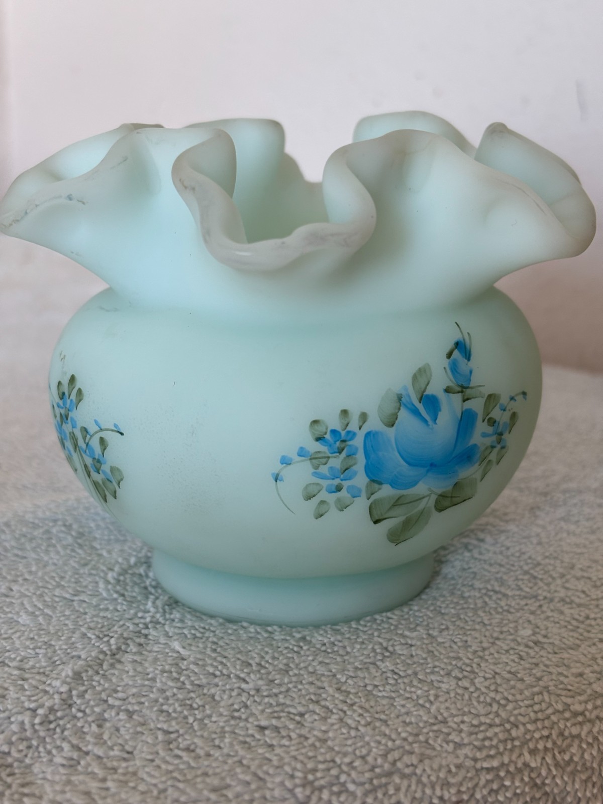 Fenton Blue Rose Satin Art Glass Vase Bowl Ruffle Hand Painted Signed
