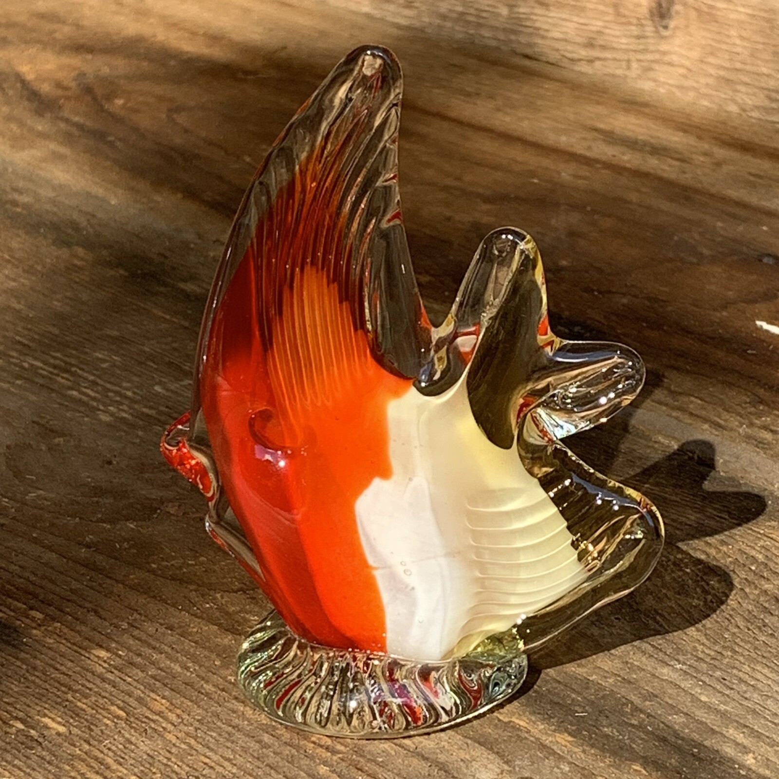 Art Glass Paperweight Tropical Angel Fish Red Orange White Clear 4.5” T