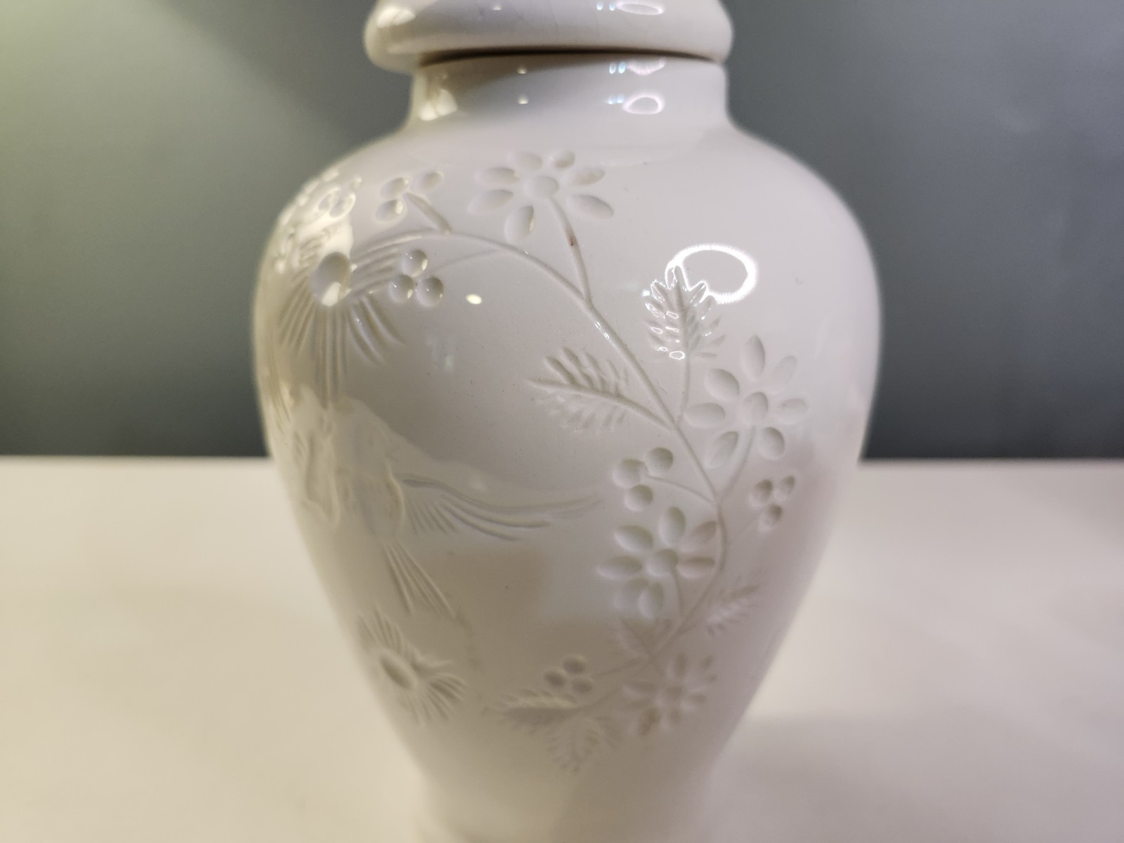 Vintage Handmade White Pottery Ginger Jar Bird Floral Embossed Vase Urn 1983