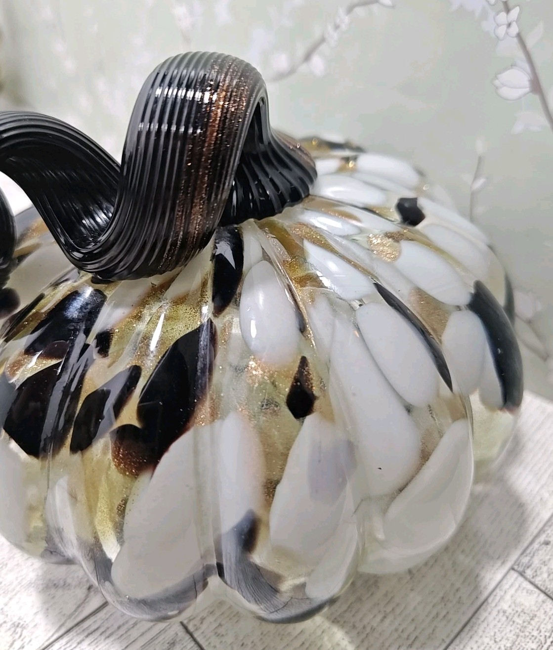 Hand Blown Art Glass Pumpkin Copper Black White Medium Swirl Glitter Decorative