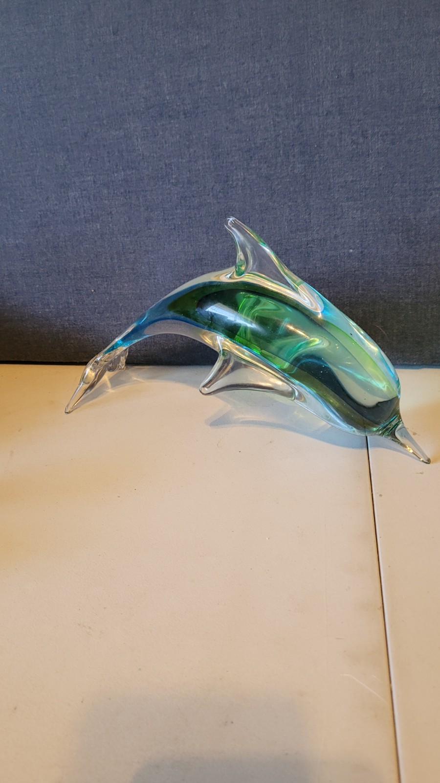Vintage Dolphin Paperweight Art Glass Green and Blue. 11 1/2 X 6 3/4 Inches