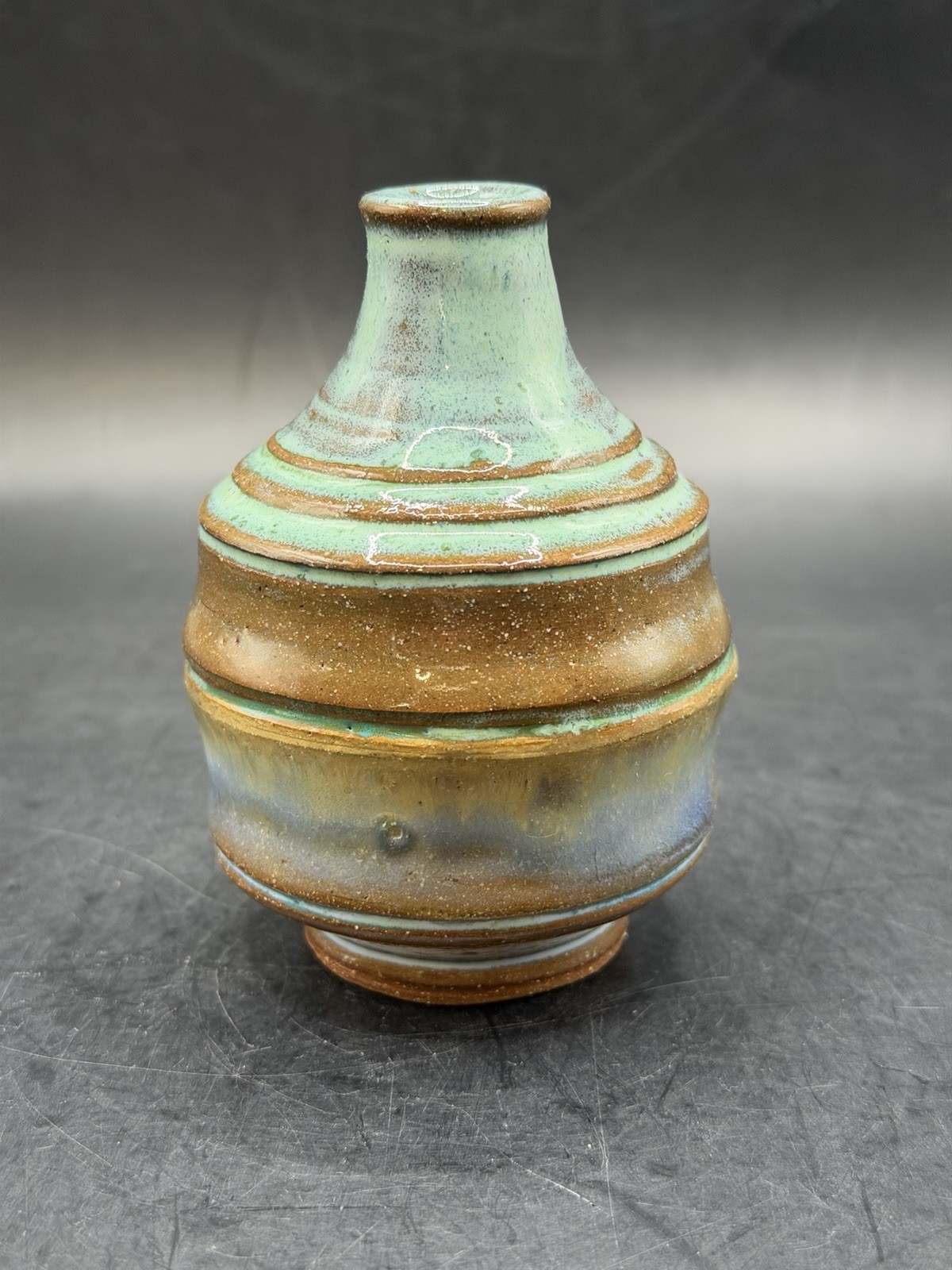 Vintage Beautiful Signed Studio Art Pottery Mini Ceramic Vase Earth Tones 4 x 3″