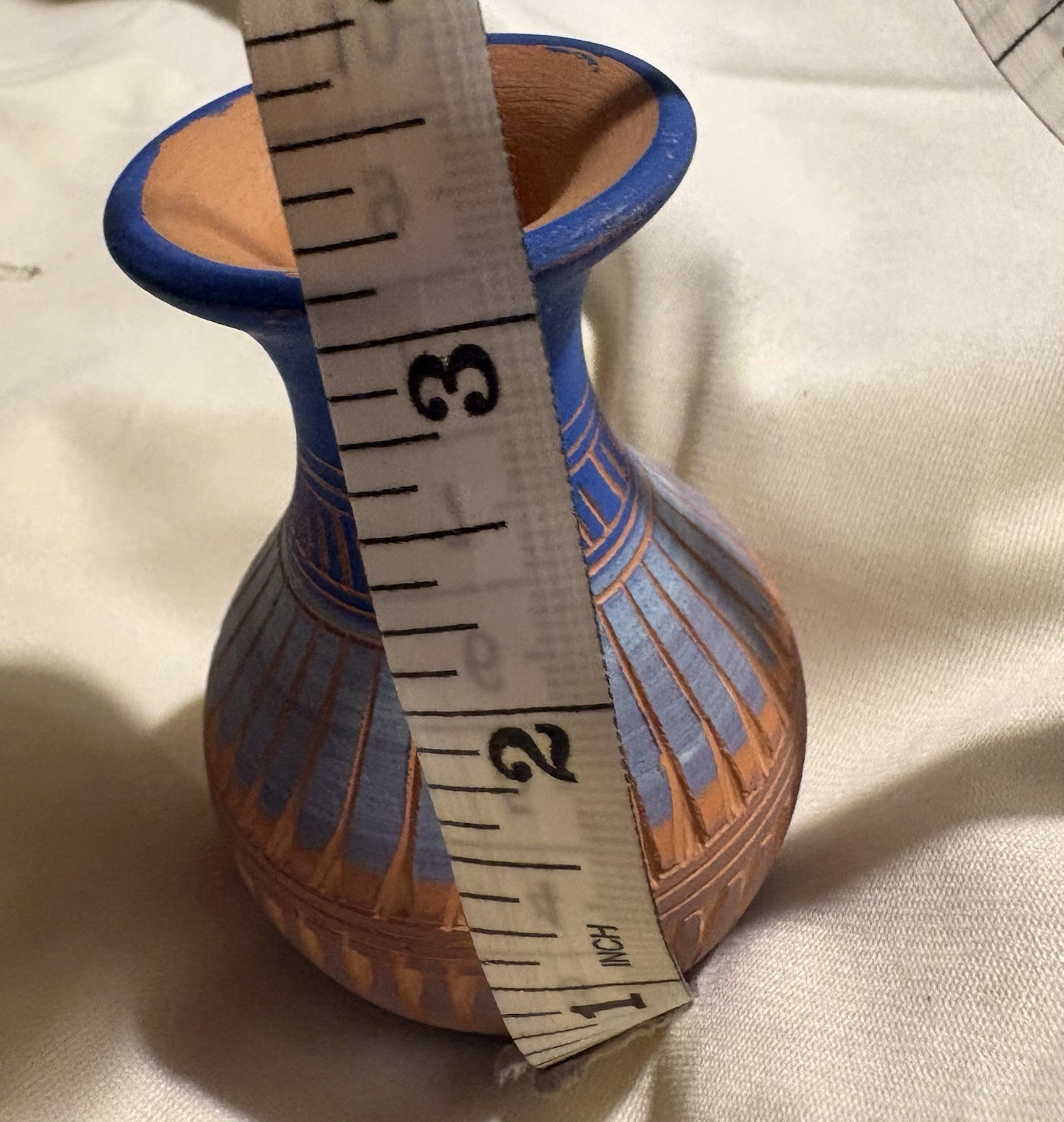Hand Painted Signed Art Pottery Bud Vase, Blue & Brown Geometric Matte 3 in