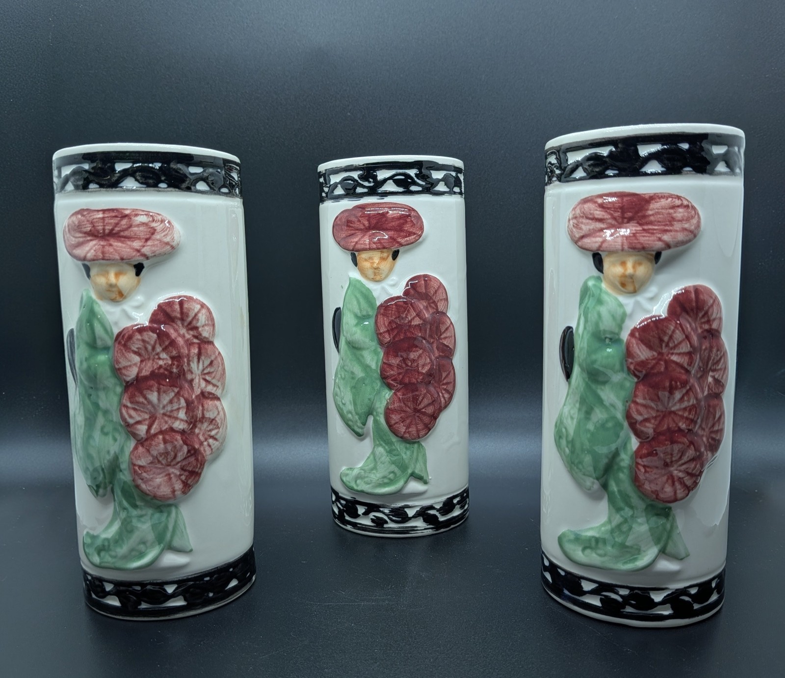 Set of 3 Ceramic Orchids of Hawaii Asian Geisha Figures in Hat -VTG Vases/Decor