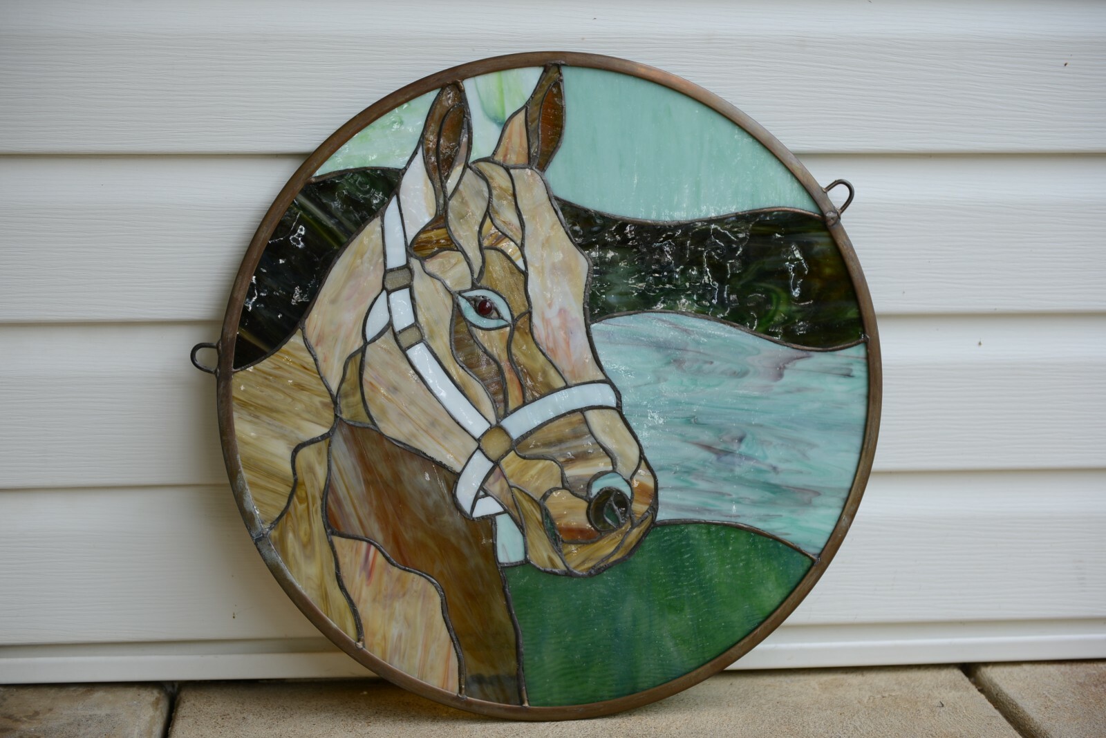 20″ Round Horse Head Handcrafted Stained Glass Suncatcher Panel, SOLD AS IS