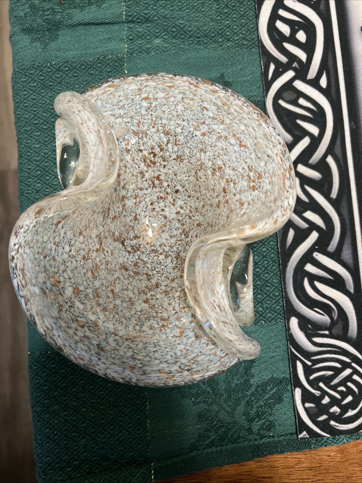 Vintage Mid Century Murano Splatter Glass White & Copper Flex 8” Original Label