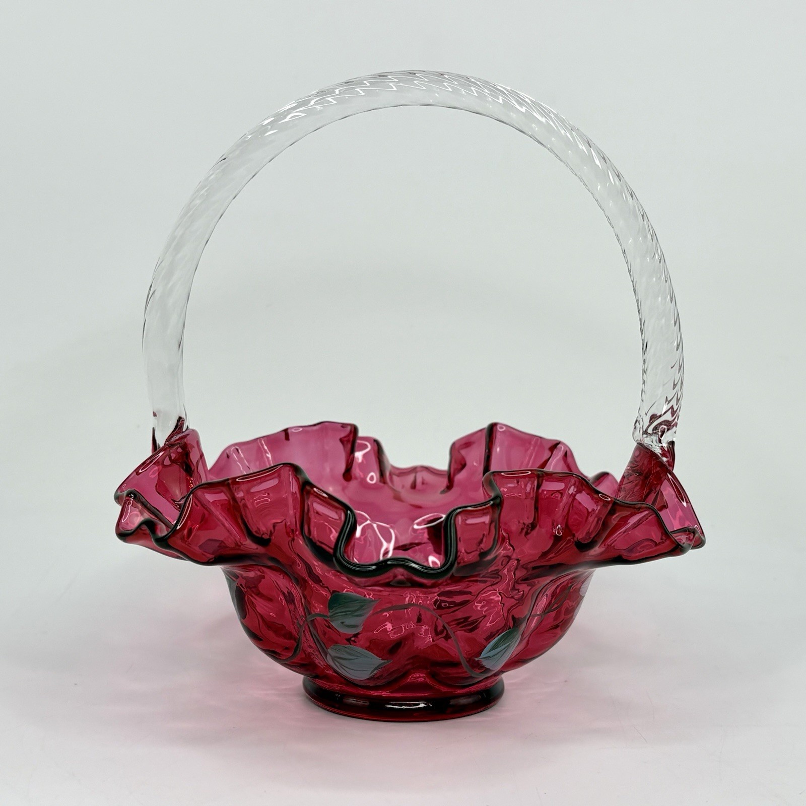 Vtg Fenton Cranberry Art Glass Ruffled Basket Vase Floral Painted by D. Barbour