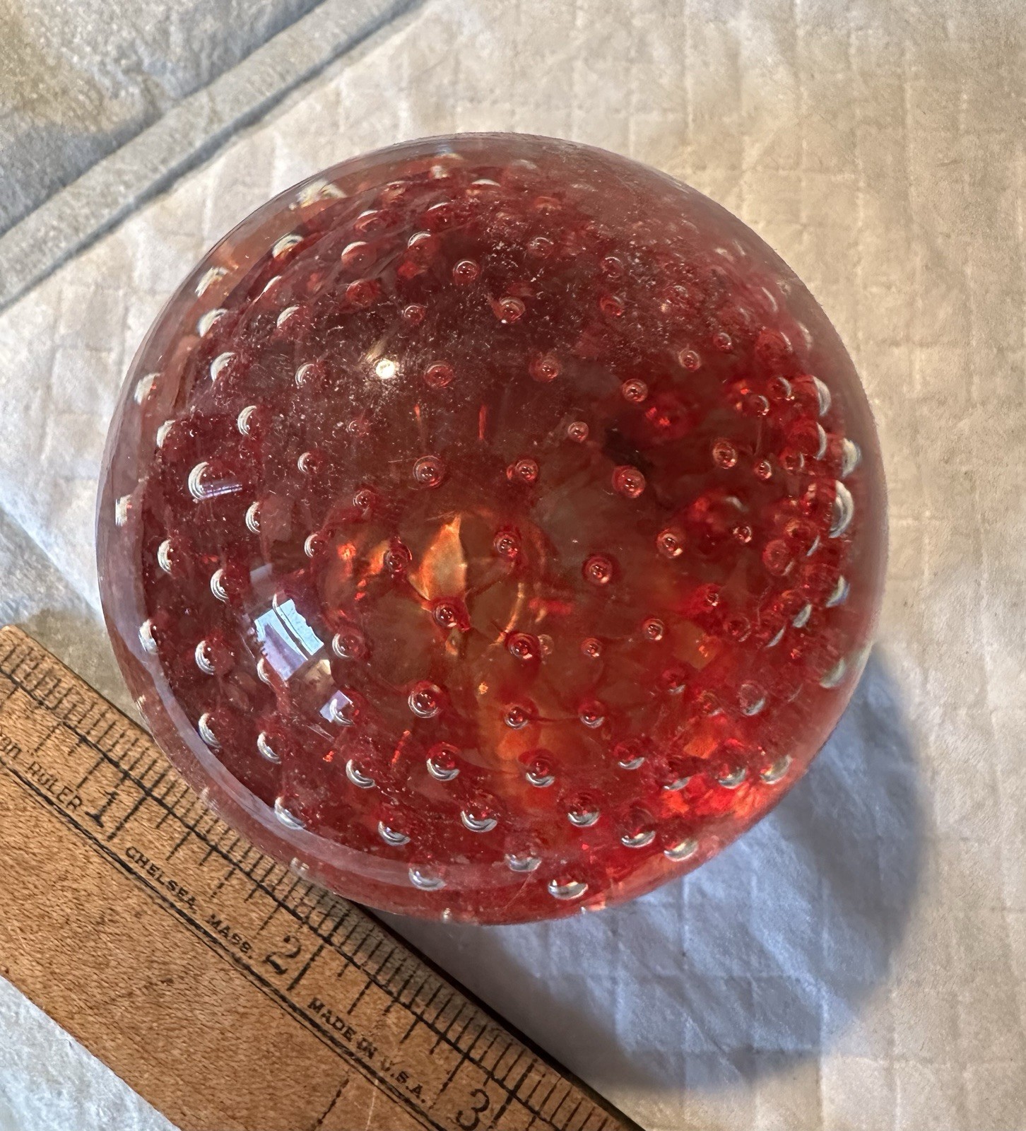 Vintage Glass Paperweight Pink Orange Controlled Bubble Orb Ball Hand Blown