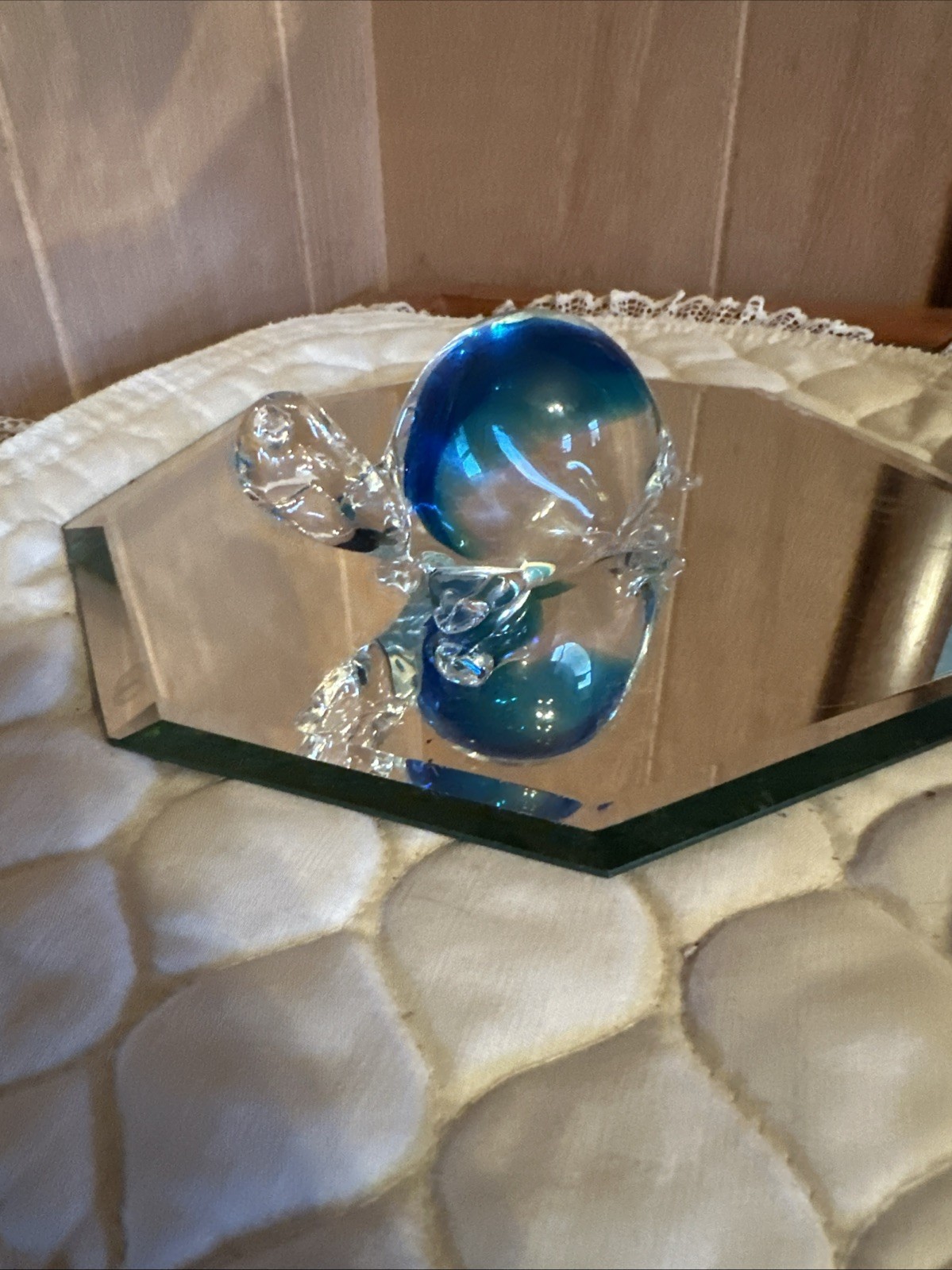 Hand Blown Art Glass Smiling Sea Turtle Paperweight Clear Turquoise Blue
