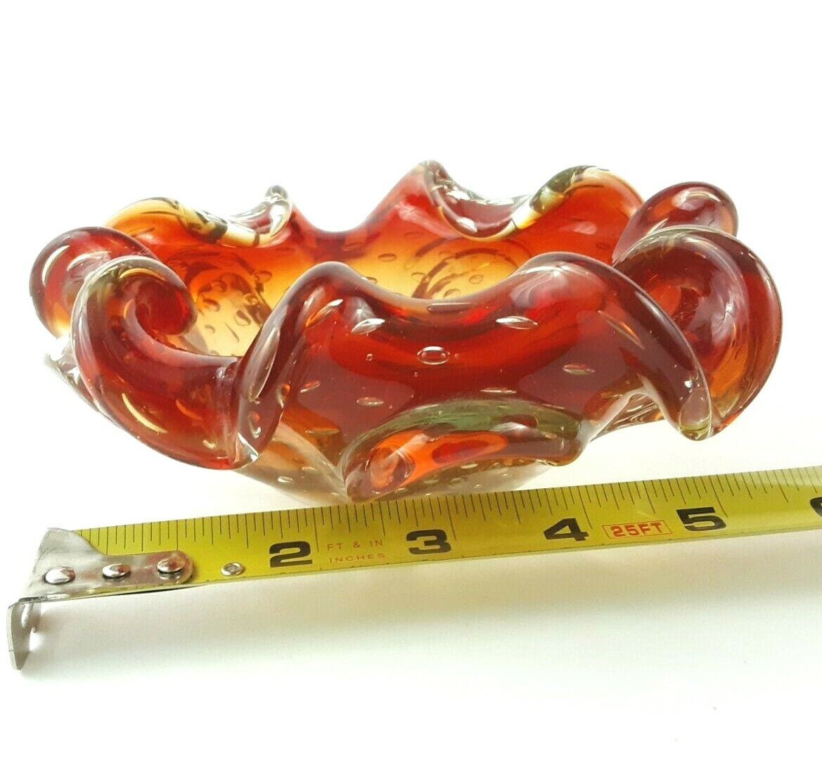 Murano Art Glass Bullicante Red to Clear 6.5 in Ashtray Dish Vintage Mid Century