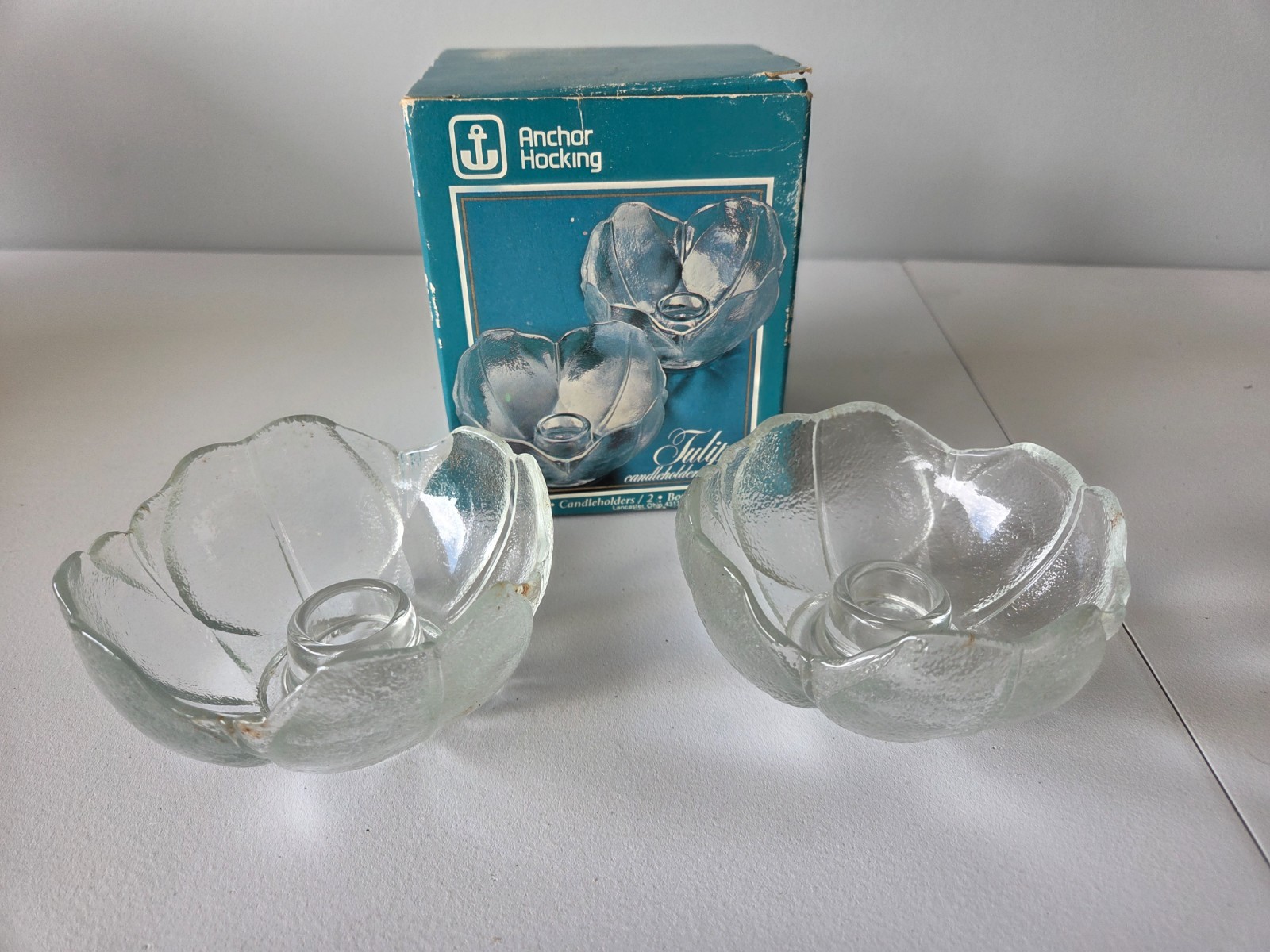 Anchor Hocking Clear Textured Glass Tulip Candle Holders Vintage Pair Set Floral