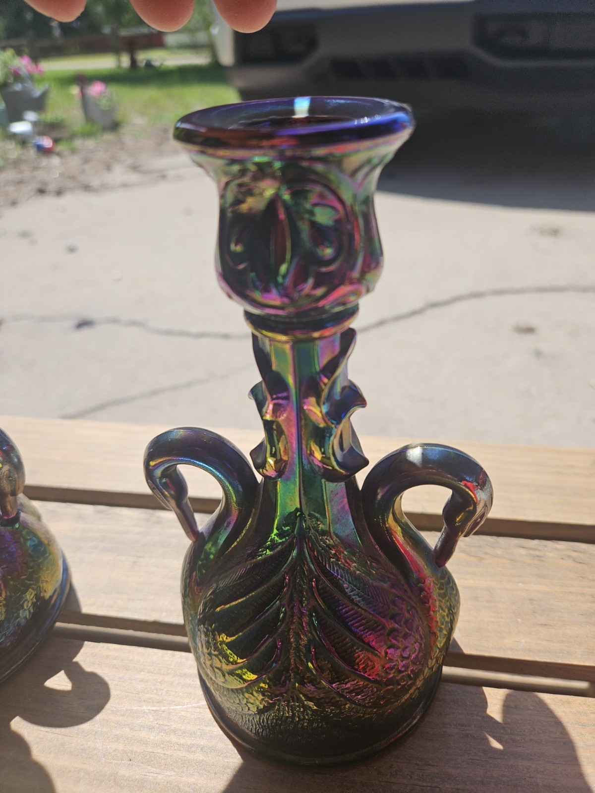 VINTAGE FENTON IRIDESCENT AMETHYST CARNIVAL GLASS SWAN CANDLESTICK. Read Below!