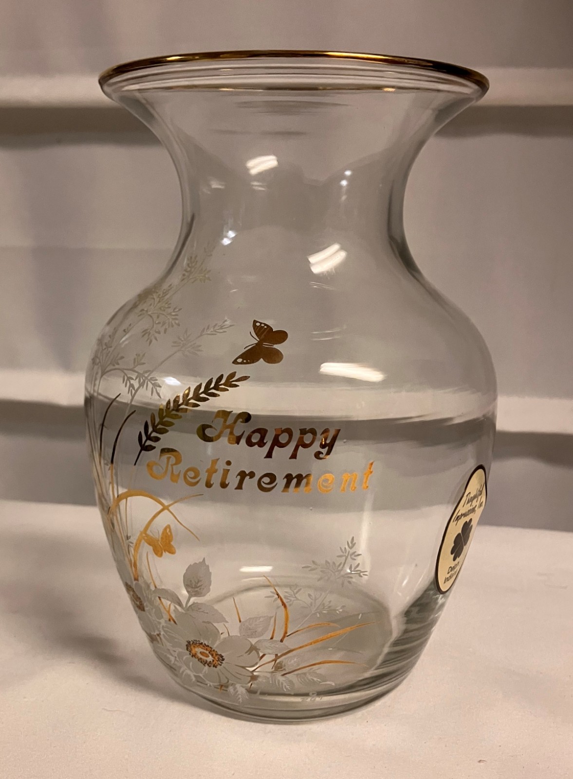 Happy Retirement Gold Trimmed Thoughtful Impressions 7″ Tall Glass Vase