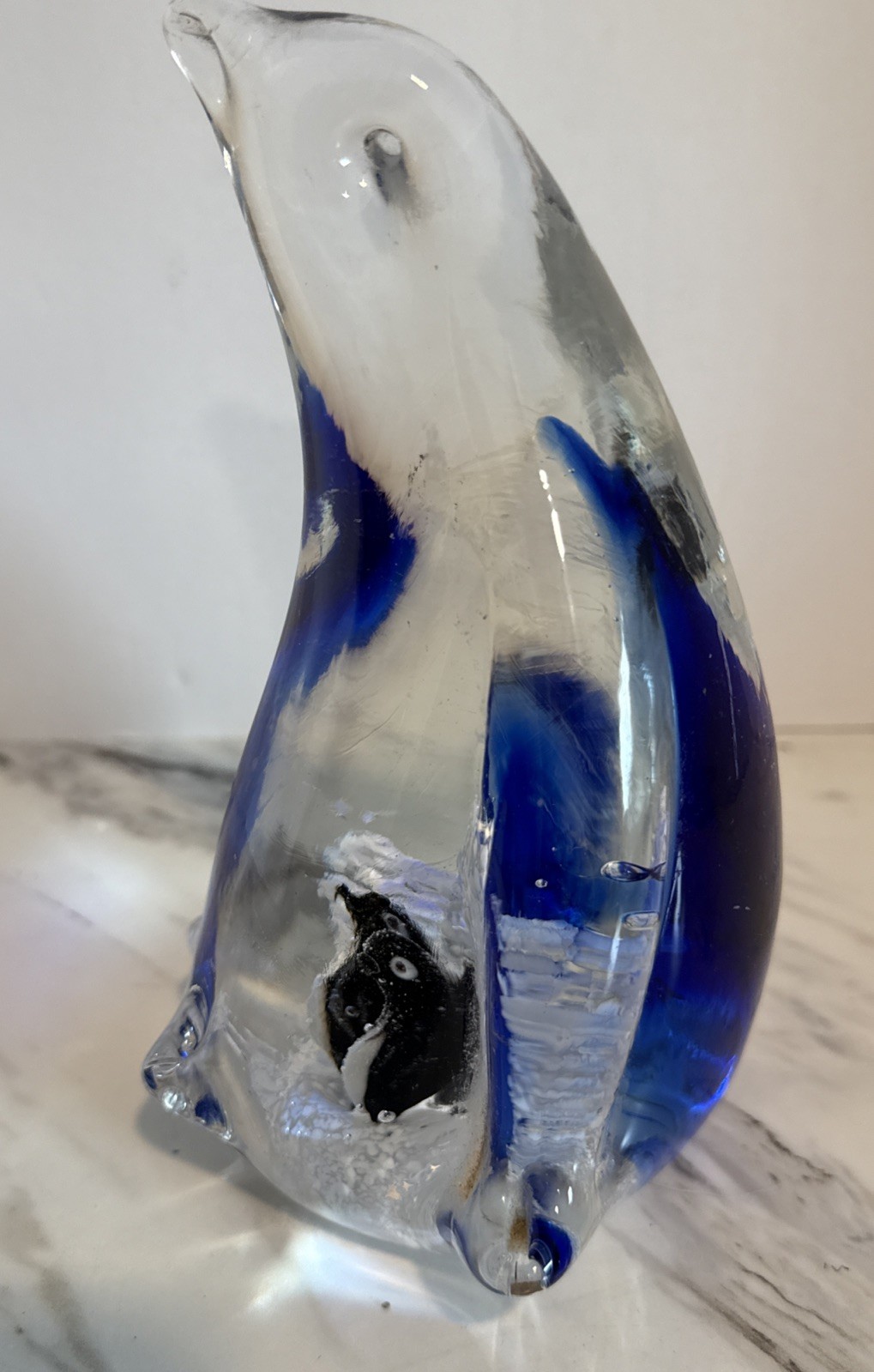 Murano Style Cobalt Art Glass Mother PENGUIN w/ Babies Figurine Paperweight 7” H