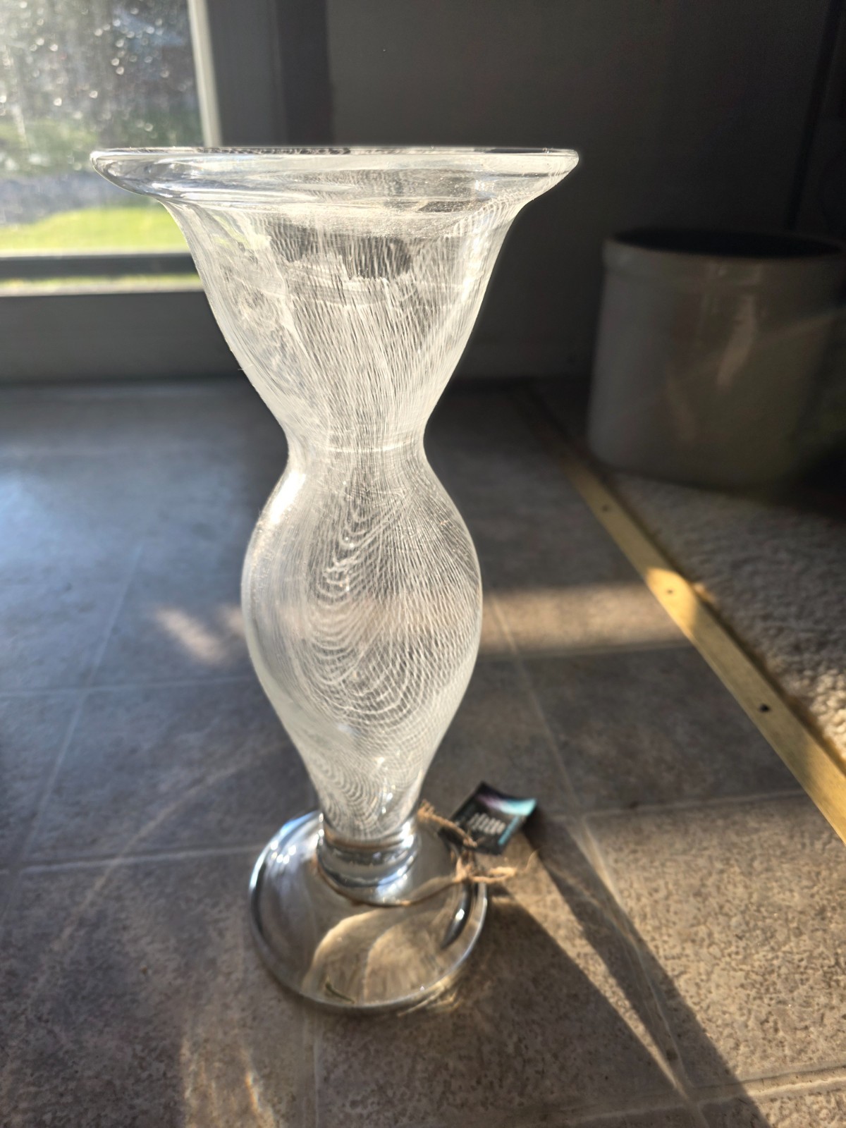 Mouth Blown 13 inch Art Glass Vase, Clear with white swirls