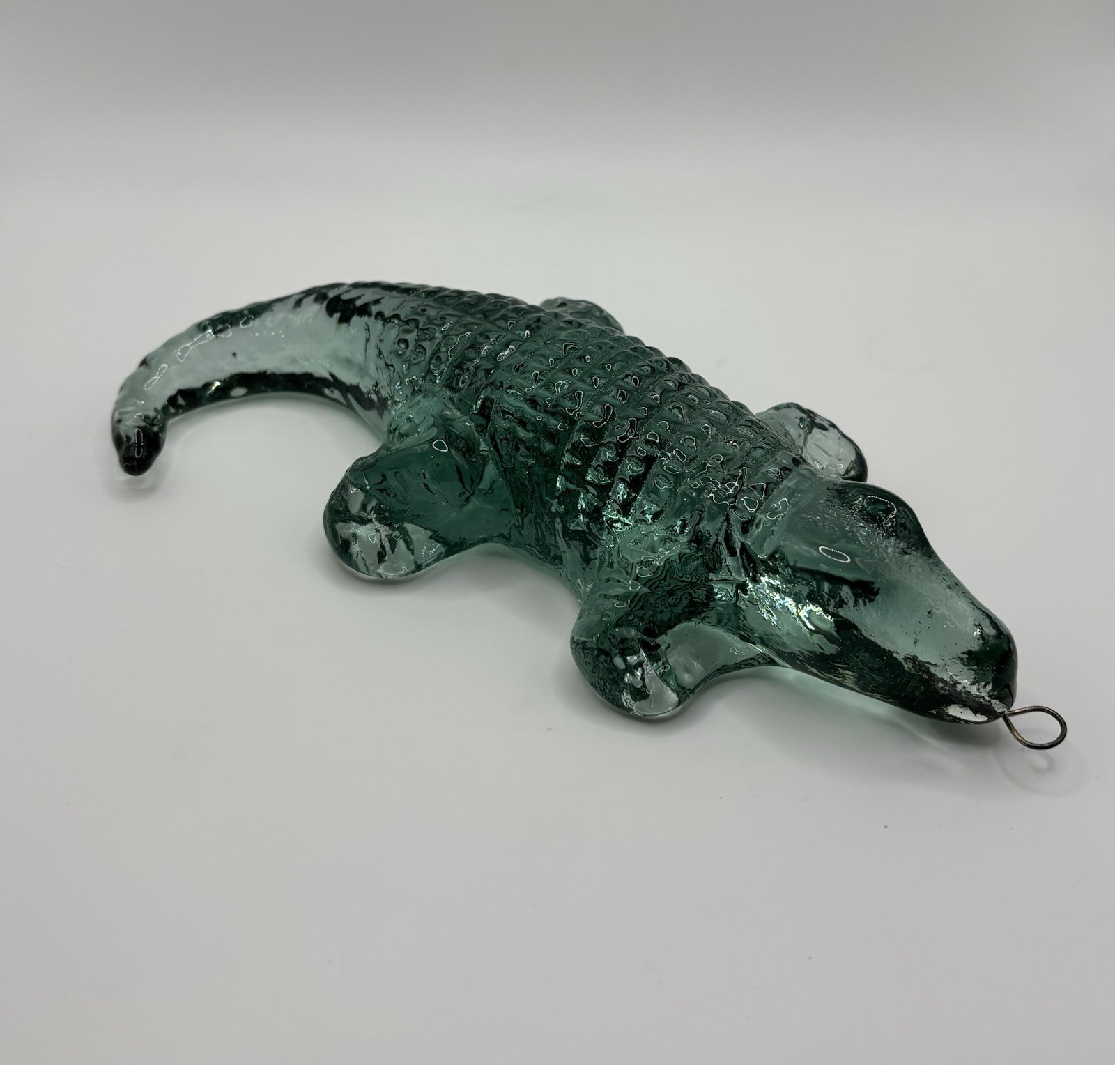 Vintage Transparent Green Glass Alligator Crocodile 7” With Hook Ornament Figure