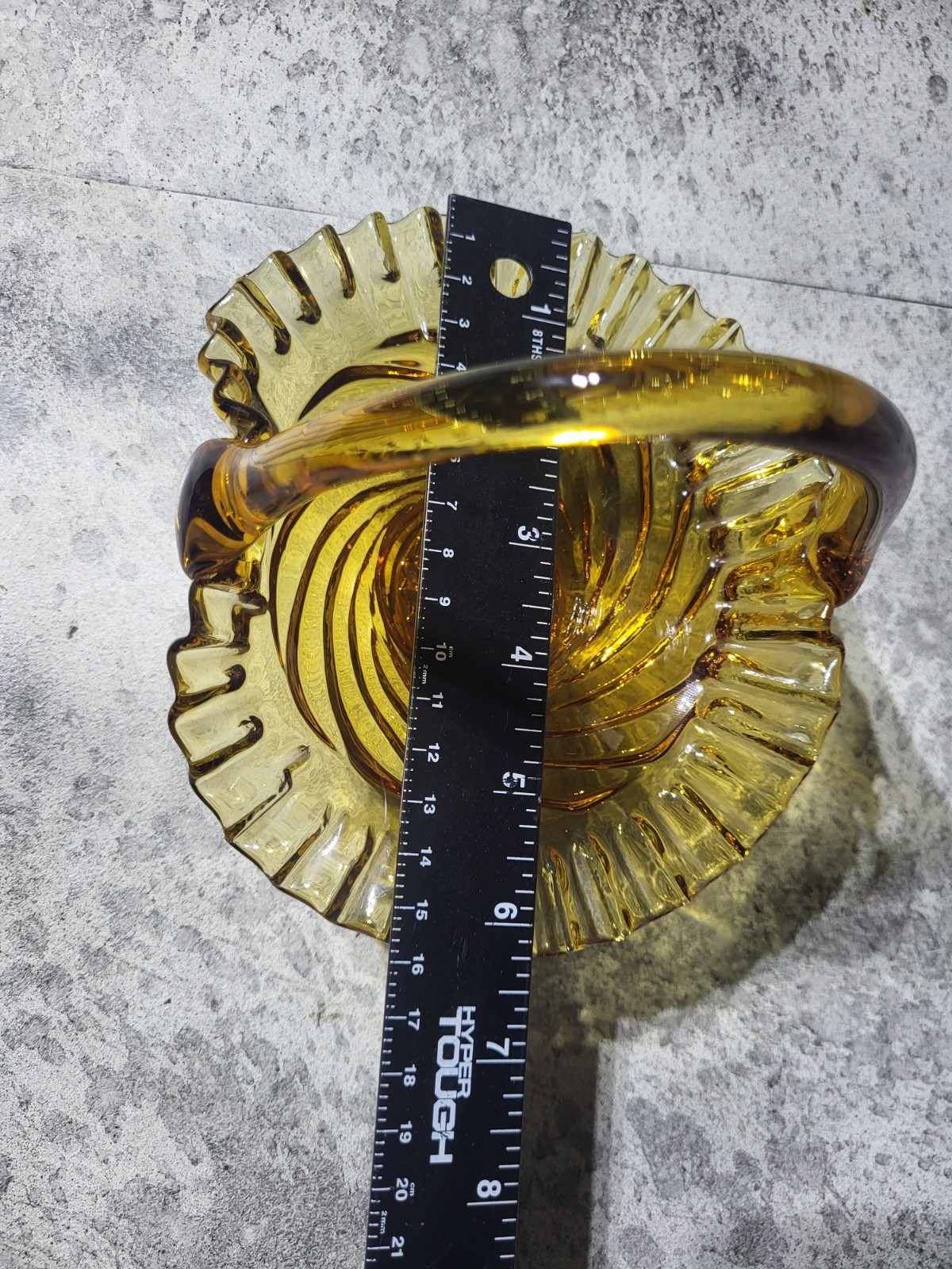 VTG Fenton Amber Pressed Art Glass Basket Ruffled Edges Handle 6″ Candy Trinket