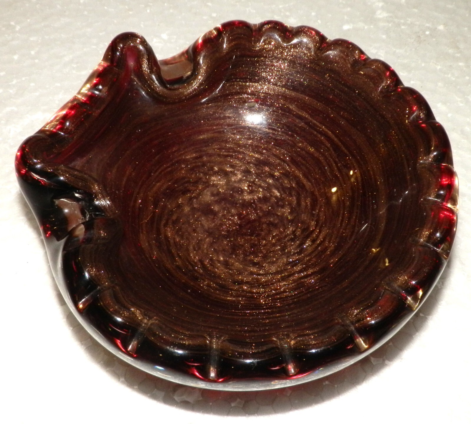 Murano Art Glass Amythest Ashtray Bullicante Swirl Scalloped Rim Gold Flecks