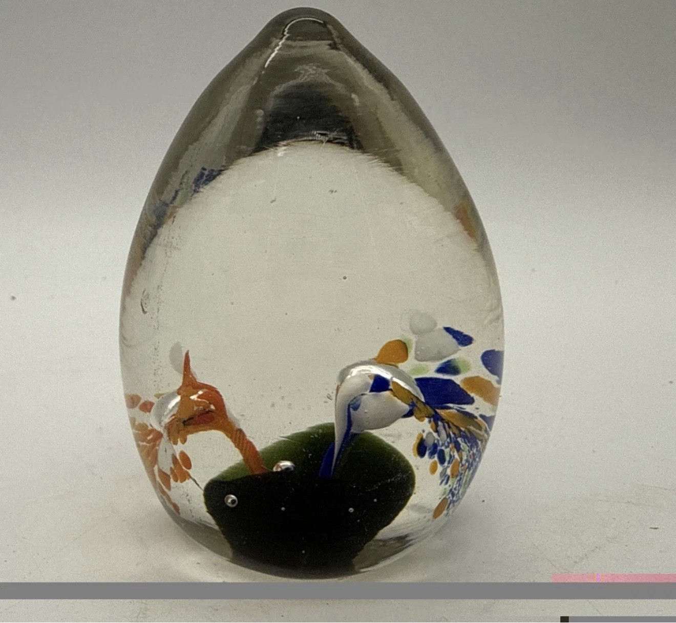 Art Glass Egg Shaped Paperweight Orange Blue White Flowers