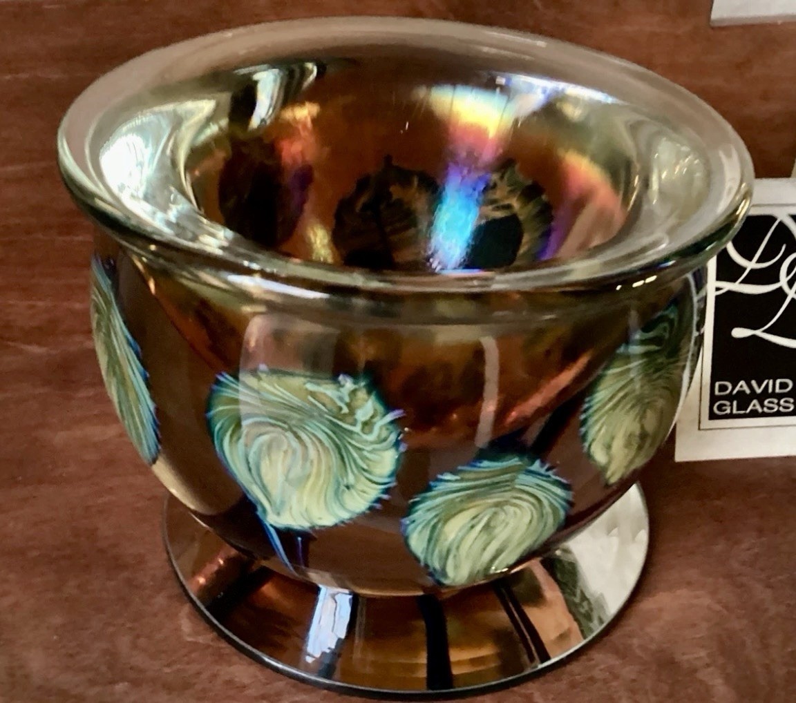 David Lotton Art Glass Design Amber Signed 2006 Blue Thistle Bowl Vase 4.5X5.5