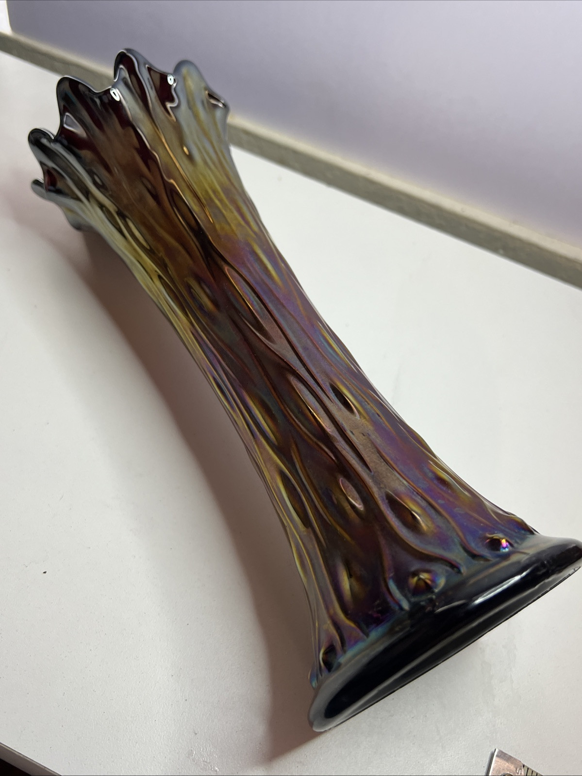 Beautiful Northwood Cobalt Amethyst Tree Trunk Iridescent Carnival Glass Vase