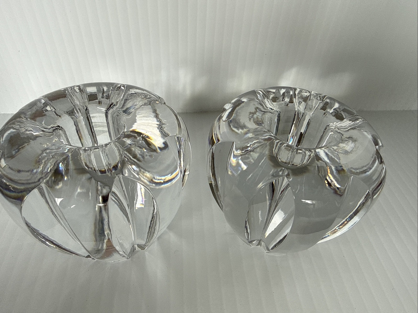 Orrefors Candle Holders Heavy Fluted Clear Crystal Tapered Vintage Set 2