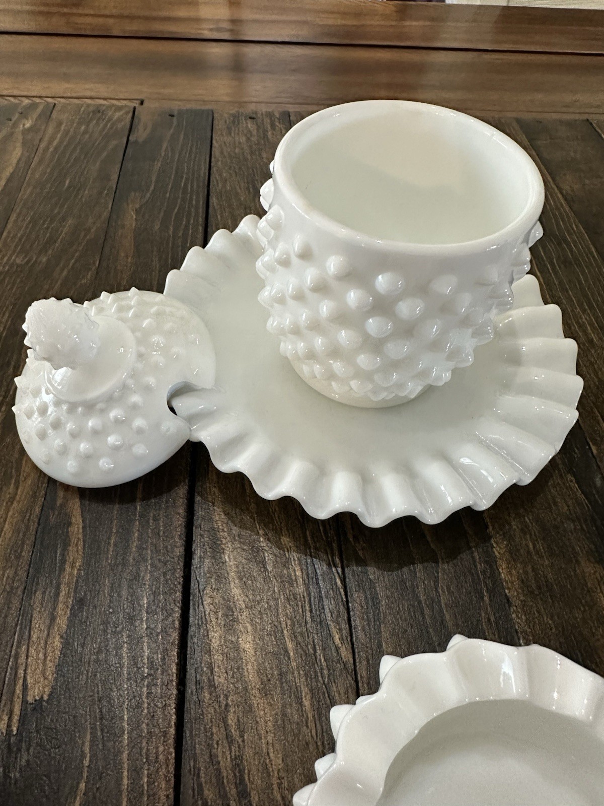 Fenton Hobnail Milk 6 Pc Glass Set – Creamer, Sugar Bowl, Jam Jar W/Underplate