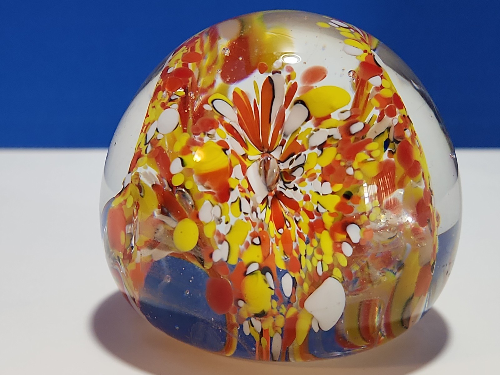 Millefiori Paperweight Yellow Orange White Polished Bottom 2.5″