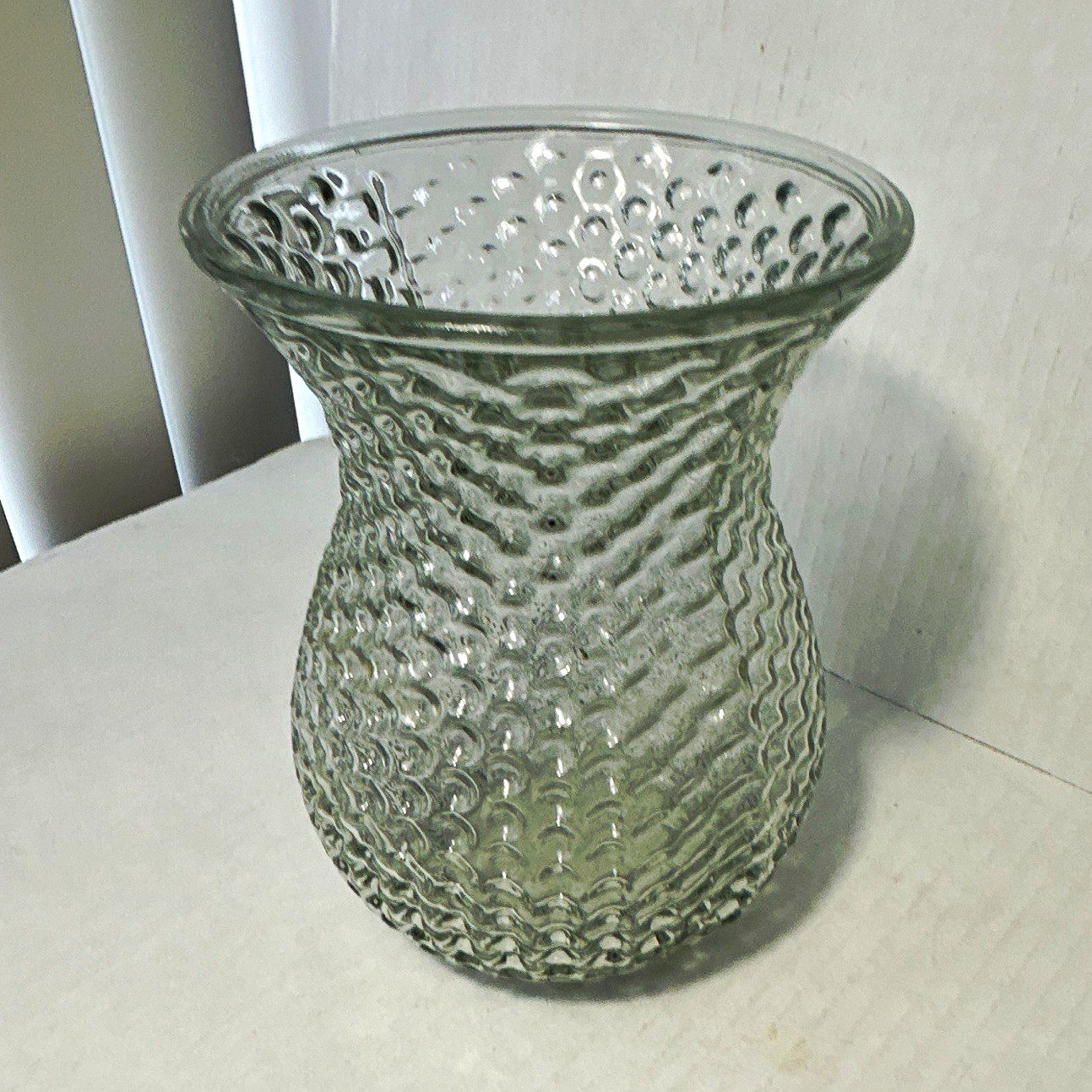 Clear Textured Hobnail Glass Vase Flared Rim Abstract Theme 7 in Tall