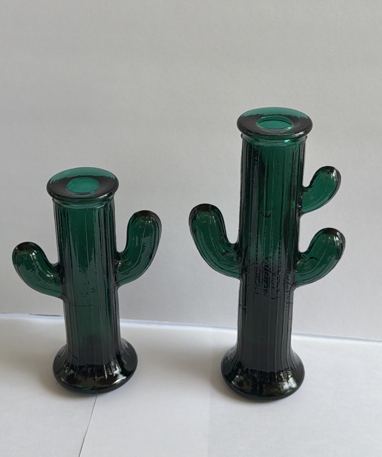 2 Vintage Green Glass Saguaro Cactus Heavy Bud Vase Southwest Desert Motif MCM