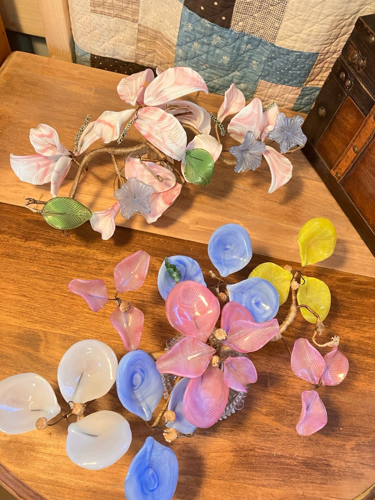 Lot 2 VTG Hand Blown Art Glass Slag Flowers Italian Venetian Murano Bouquet Wire