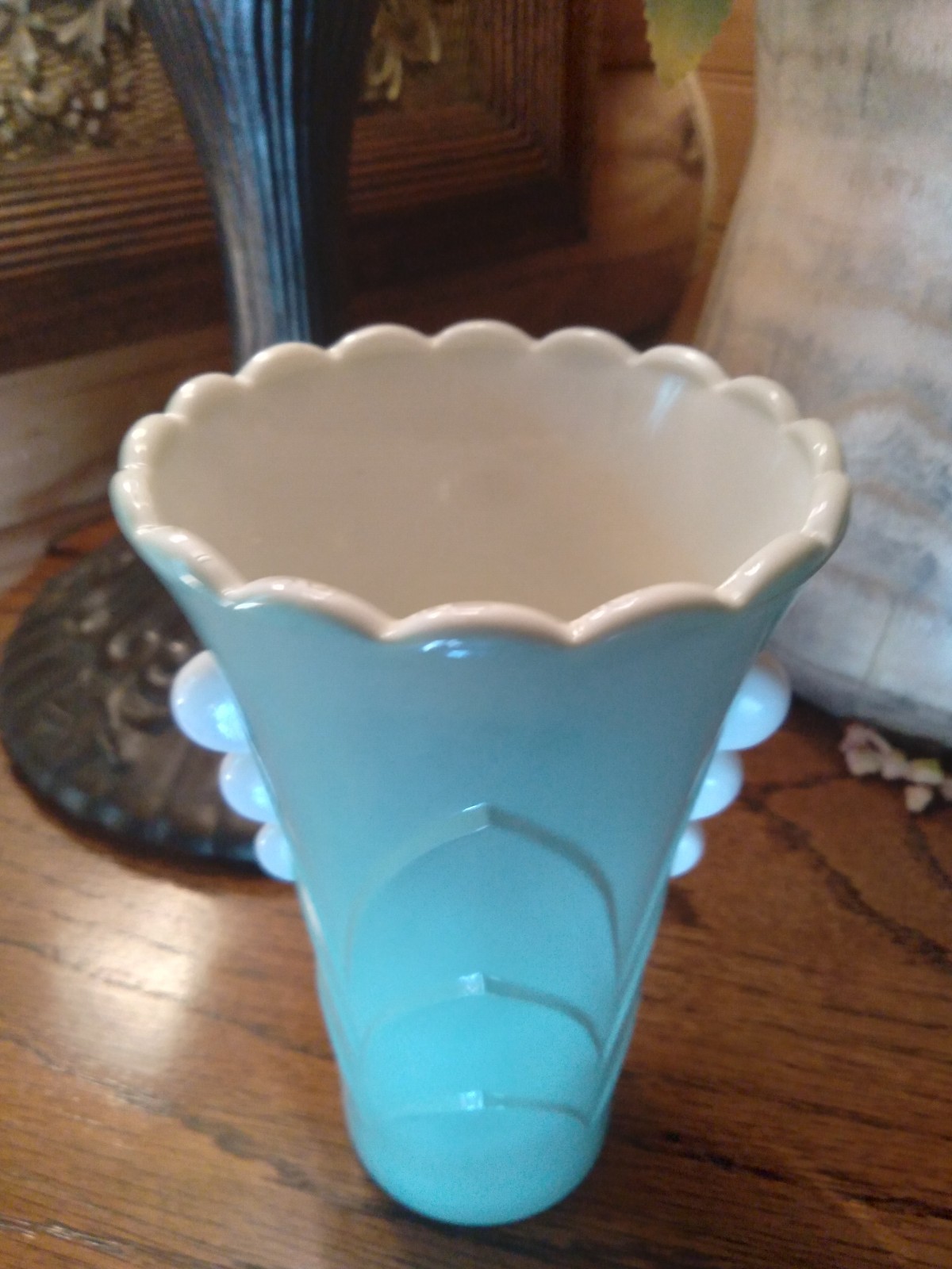 Anchor Hocking Fire-King Jadeite Green & White Vitrock Deco Vase~Glows~1930’s