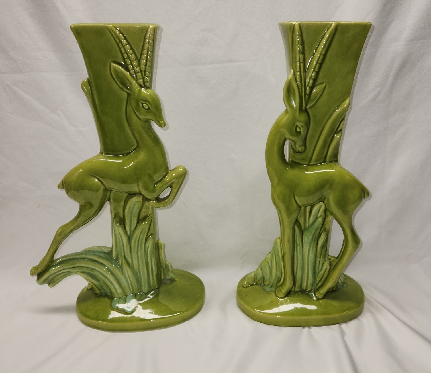 Mid-Century Modern, ROYAL HAEGER, Pair of 14.5″ Chartreuse Gazelle Vases #R706