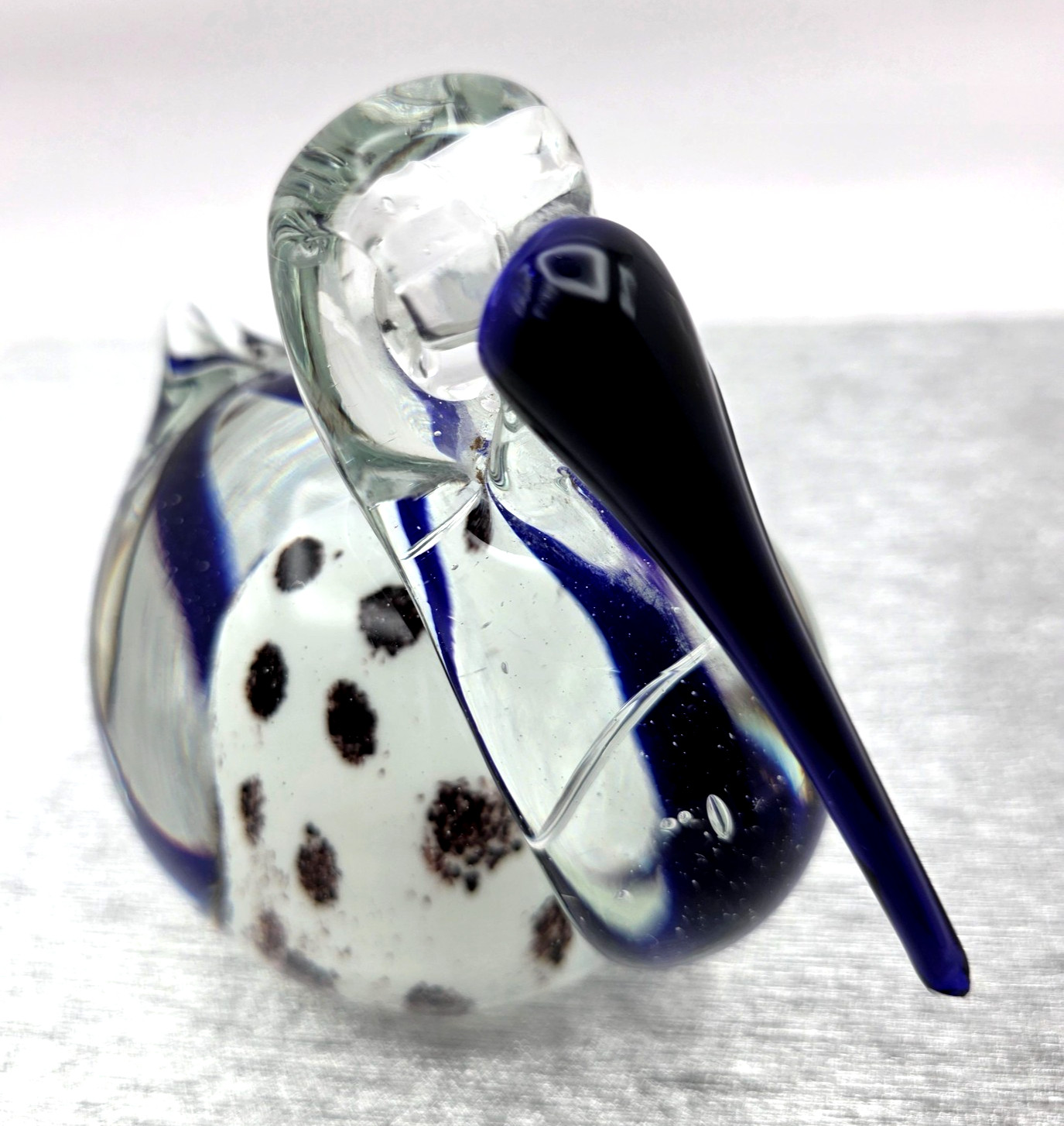 Art Glass Pelican Blown Glass Bird Figurine Paperweight Clear Blue Speckled Deco