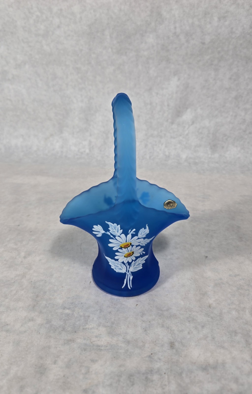 Vintage Westmoreland Blue Satin Glass Basket Hand Painted Daisy Floral 1970’s