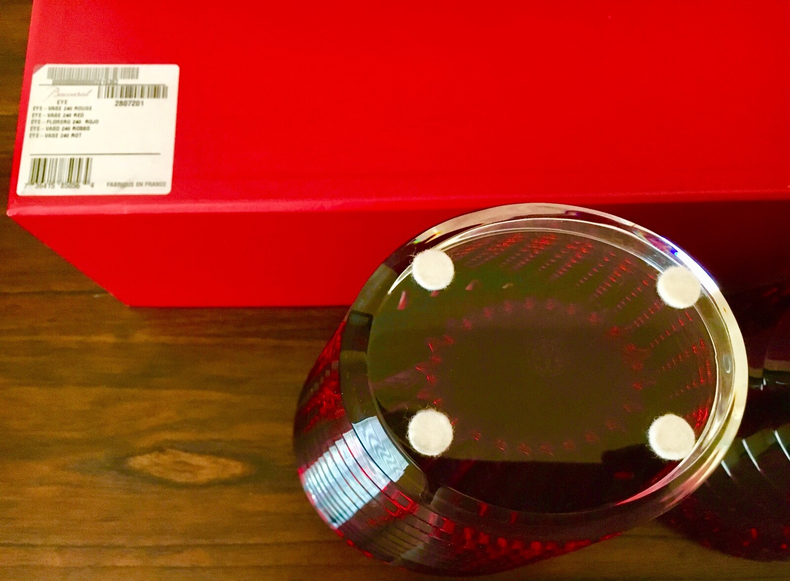 BACCARAT FRANCE ‘PAIR OVAL EYE VASES’ 9.25″T in CUT RED CRYSTAL W/ORIGINAL BOXES