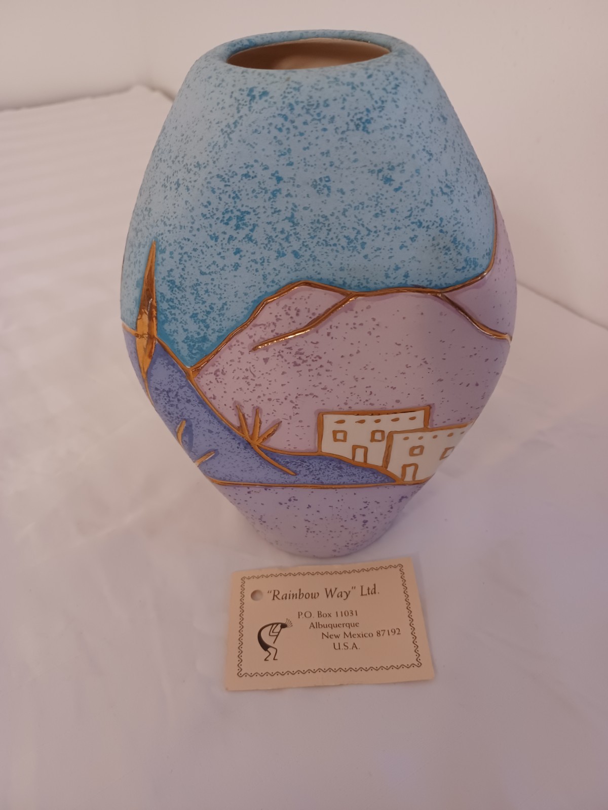 VINTAGE HAND THROWN DECORATED SOUTHWESTERN STYLE ART POTTERY VASE 24K GOLD HAND