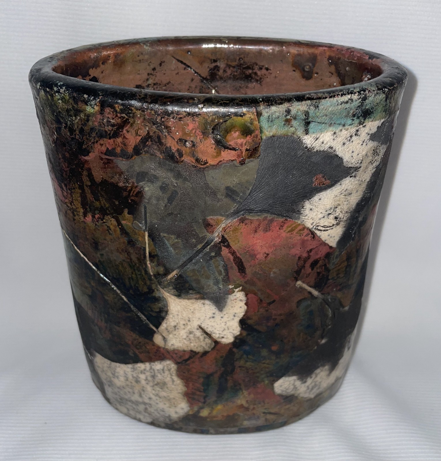 Raku Redware Signed Studio Art Pottery Vase Ginkgo Leaf Pattern