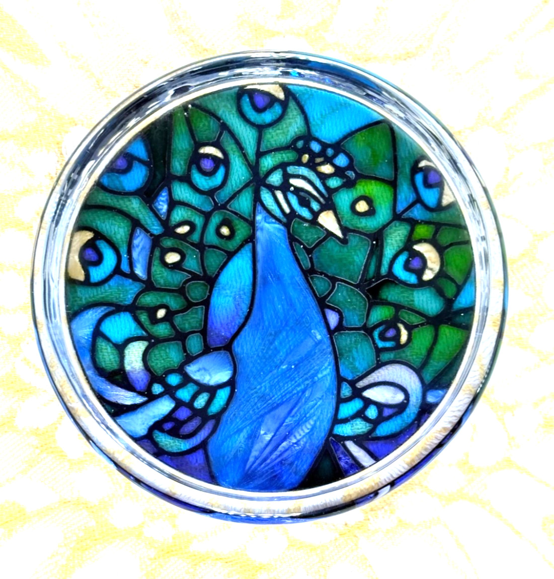 NOS Blue & Green Glass Peacock Paperweight ~ Hand painted ~ Joan Baker Designs