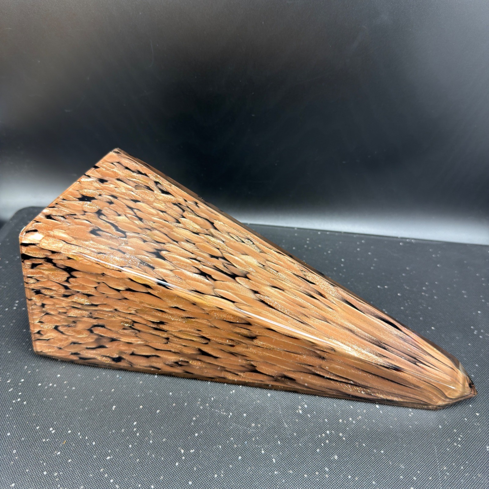 Art Glass Obelisk Paperweight Copper Glitter Black Swirl Heavy Pyramid 11.5 Inch