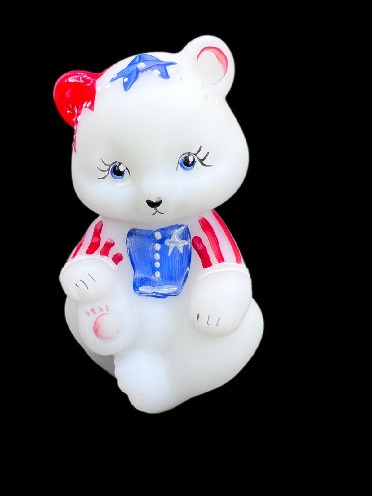 Fenton 2001 Sitting Bear Patriotic Stars and Stripes White Satin Glass Signed
