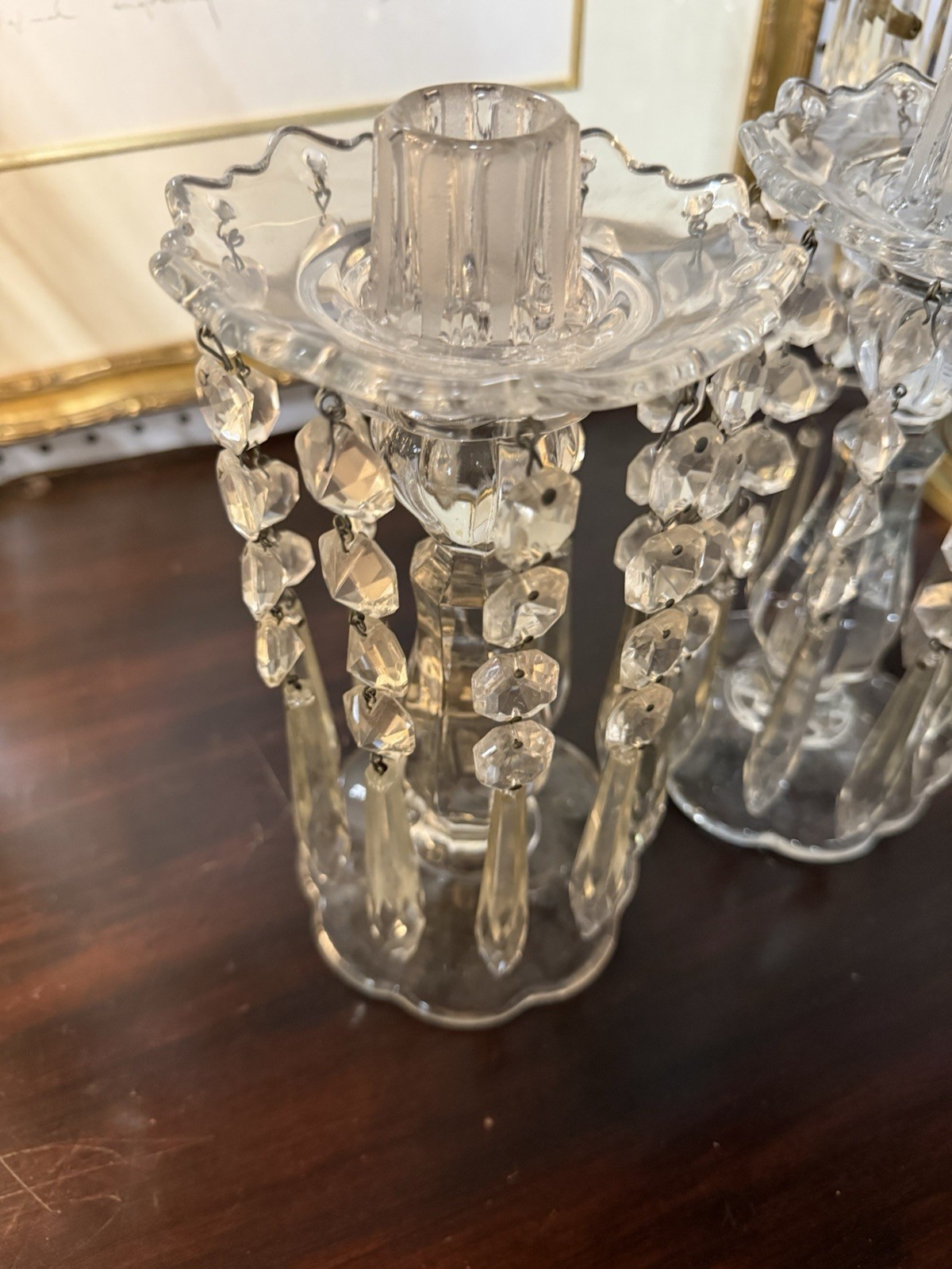 VTG. Ornate 1930’s Crystal Candle Sticks W/ Prisms Possible Heisey No Mark