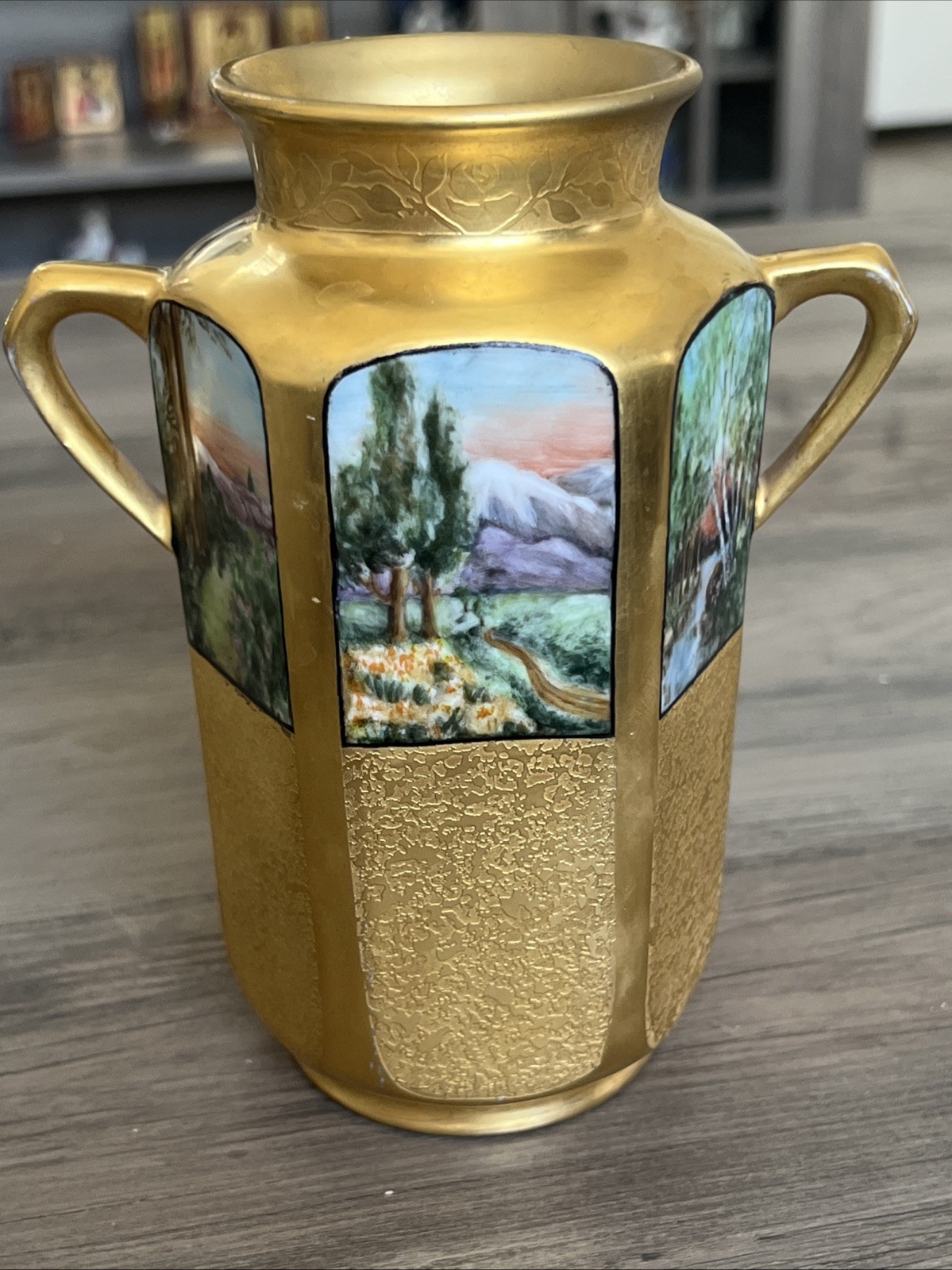 Vtg Gold Encrusted Double Handled 6” Vase Hand painted Landscape Design