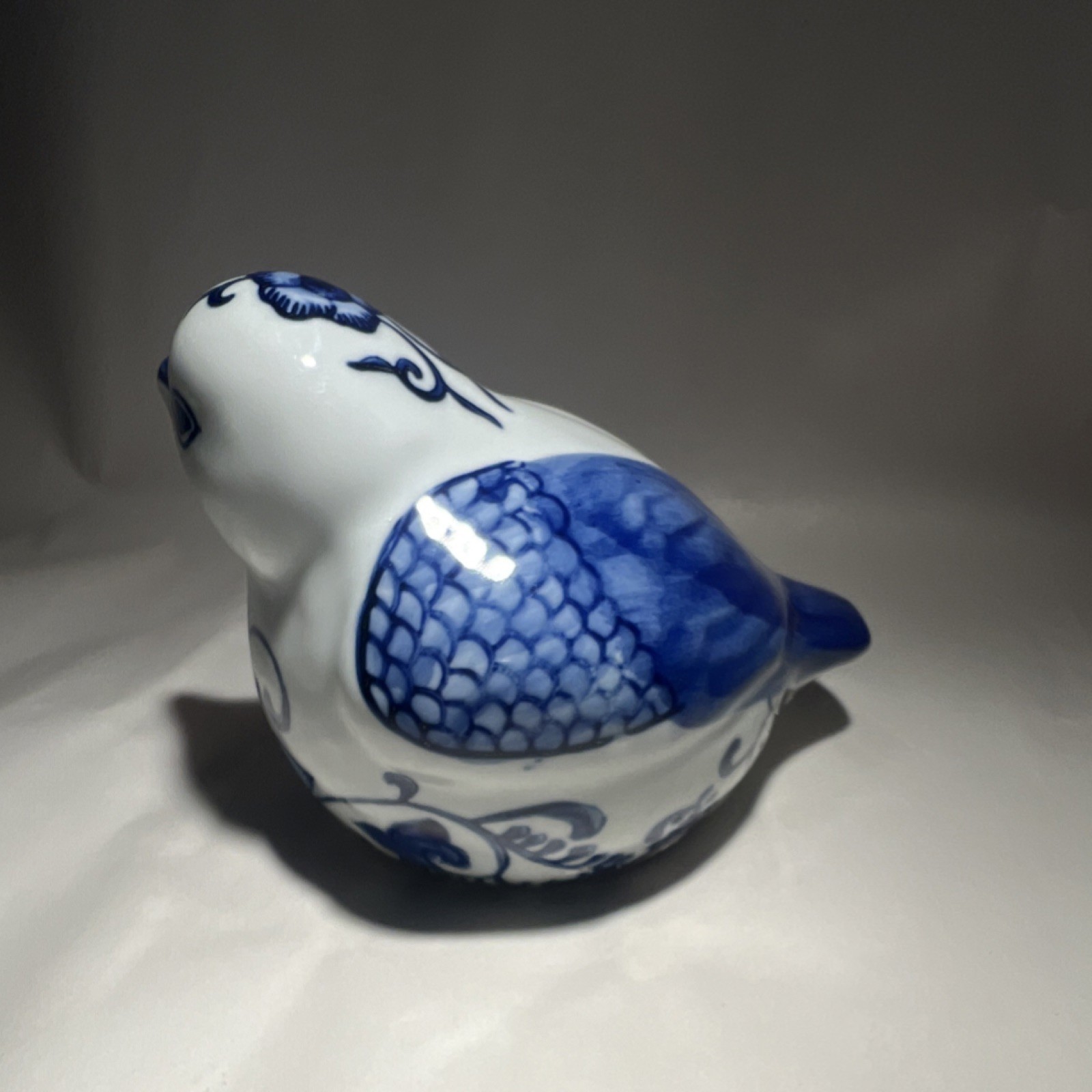 Blue White Ceramic Bird Figurine Floral Pattern Glossy Decorative Pottery