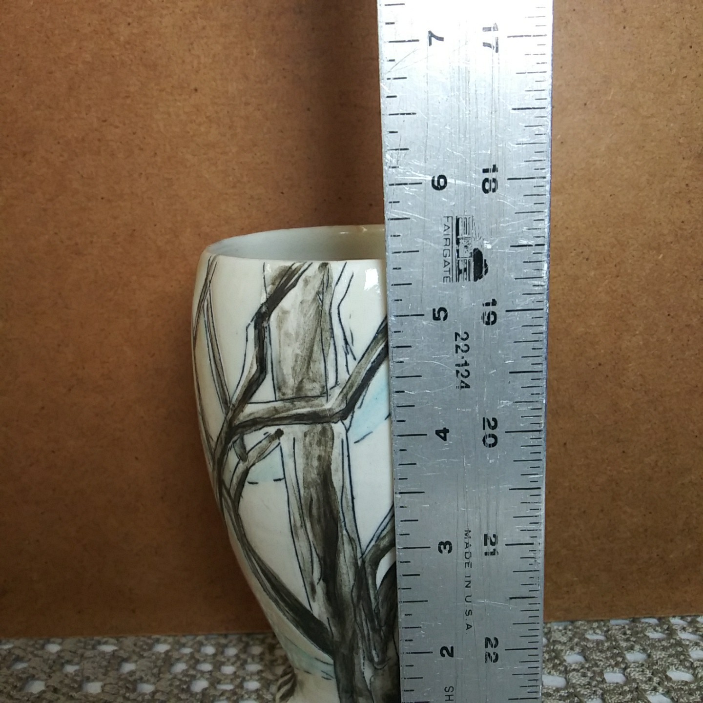 Handmade Vase 5″ Modern Deco Trees Hand Painted White Black Blue Matte