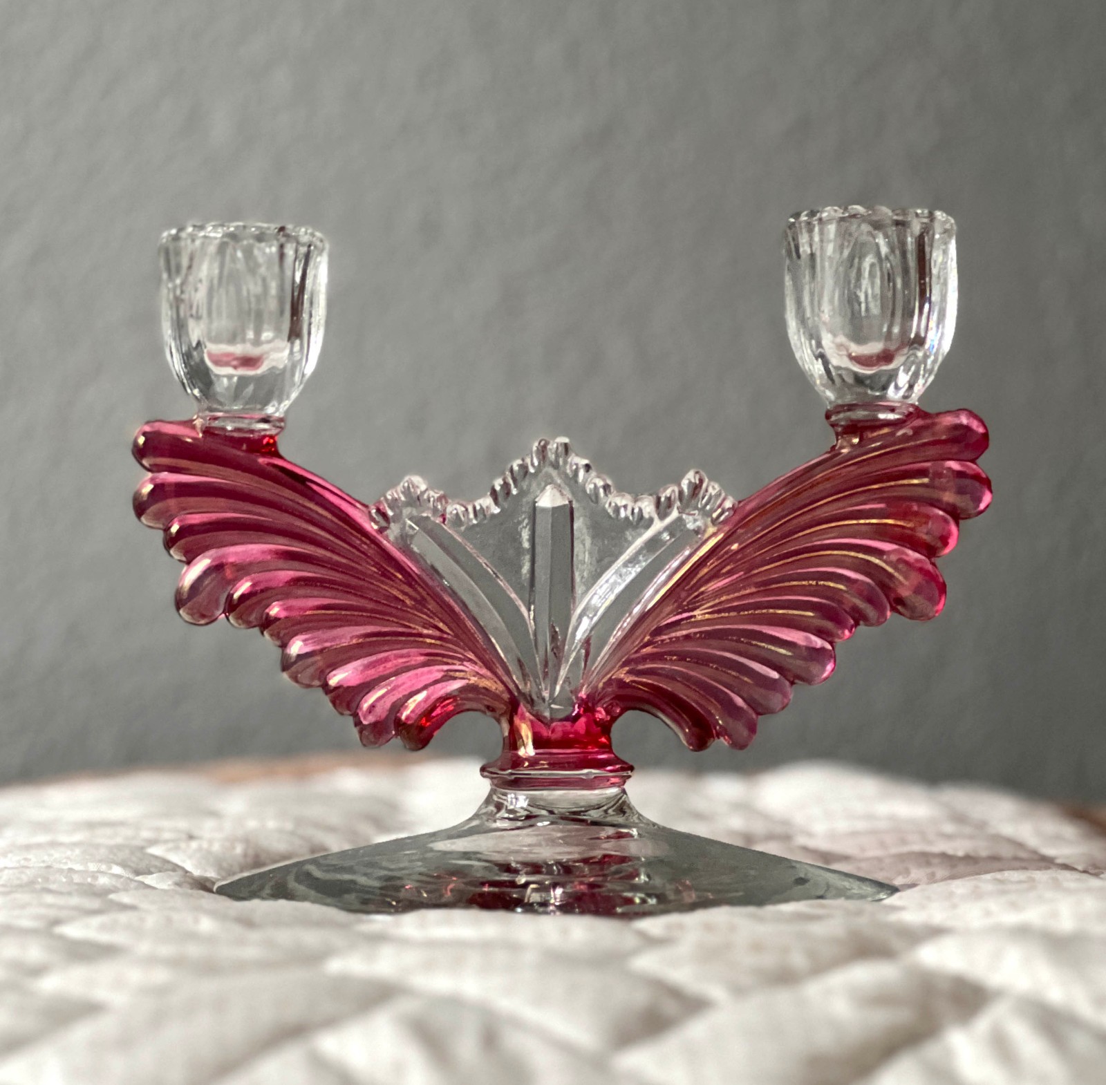 Tiffin Glass Feather Wing Pink Double Arm Candlestick Candle Holder Candelabra