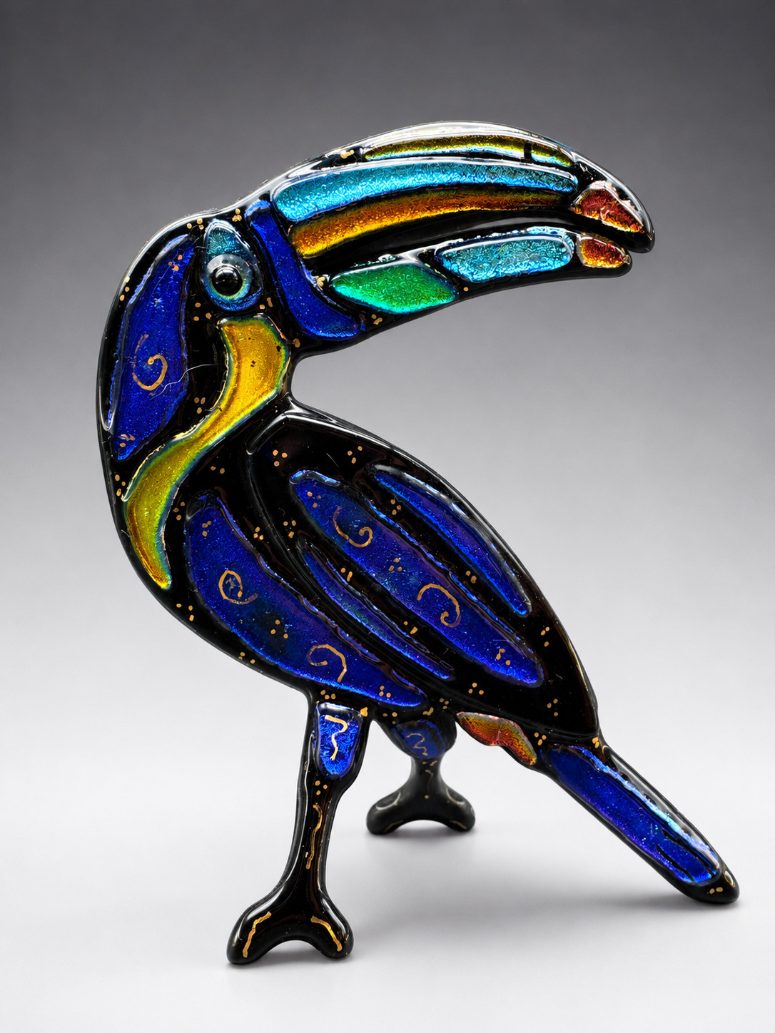 Signed Studio Art Glass Toucan Bird Dichroic Fused Glass Sculpture 6″ Tall