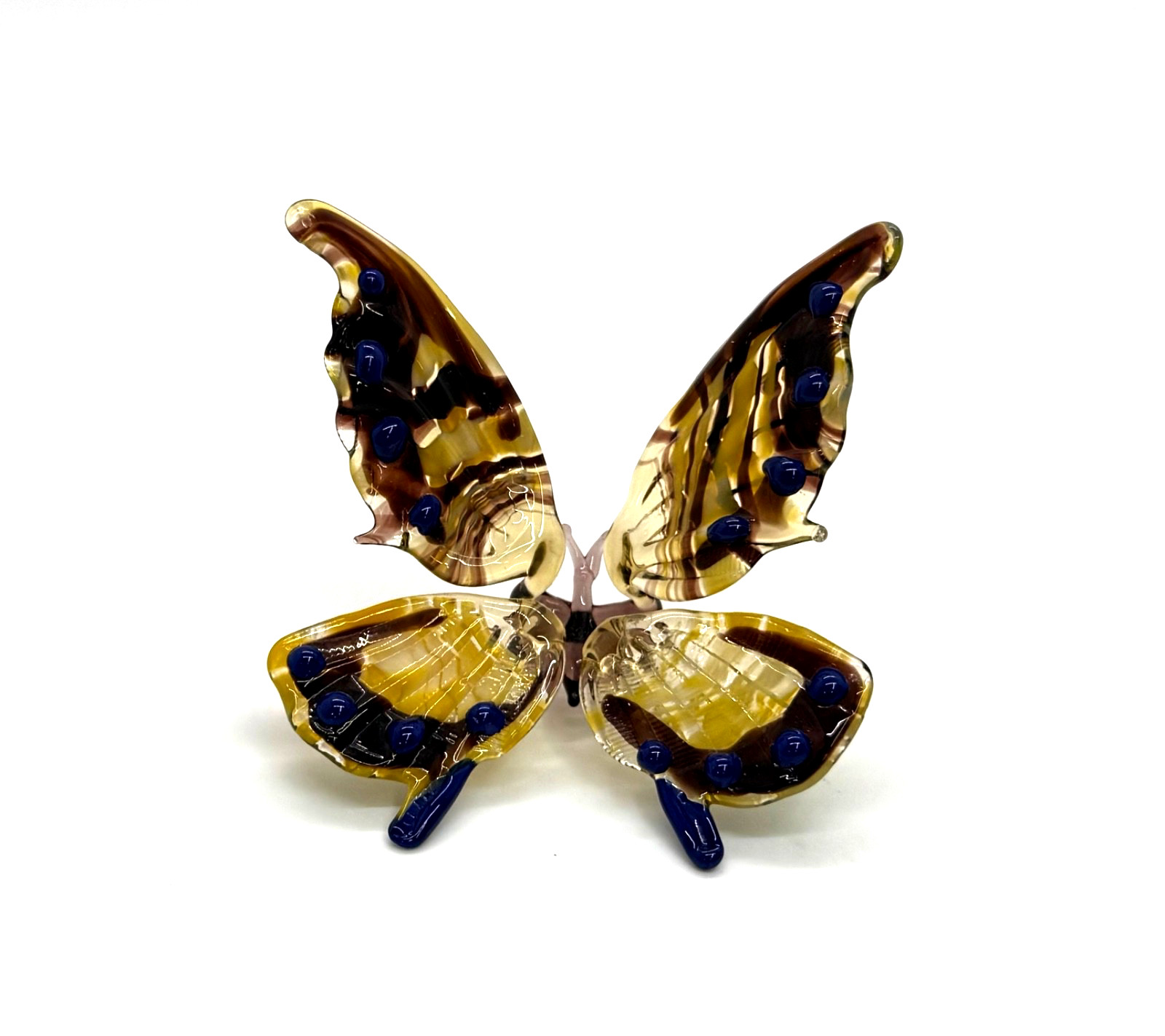 Hand-blown Murano style Glass Butterfly Figurine Vibrant Blue Yellow Brown & Pur